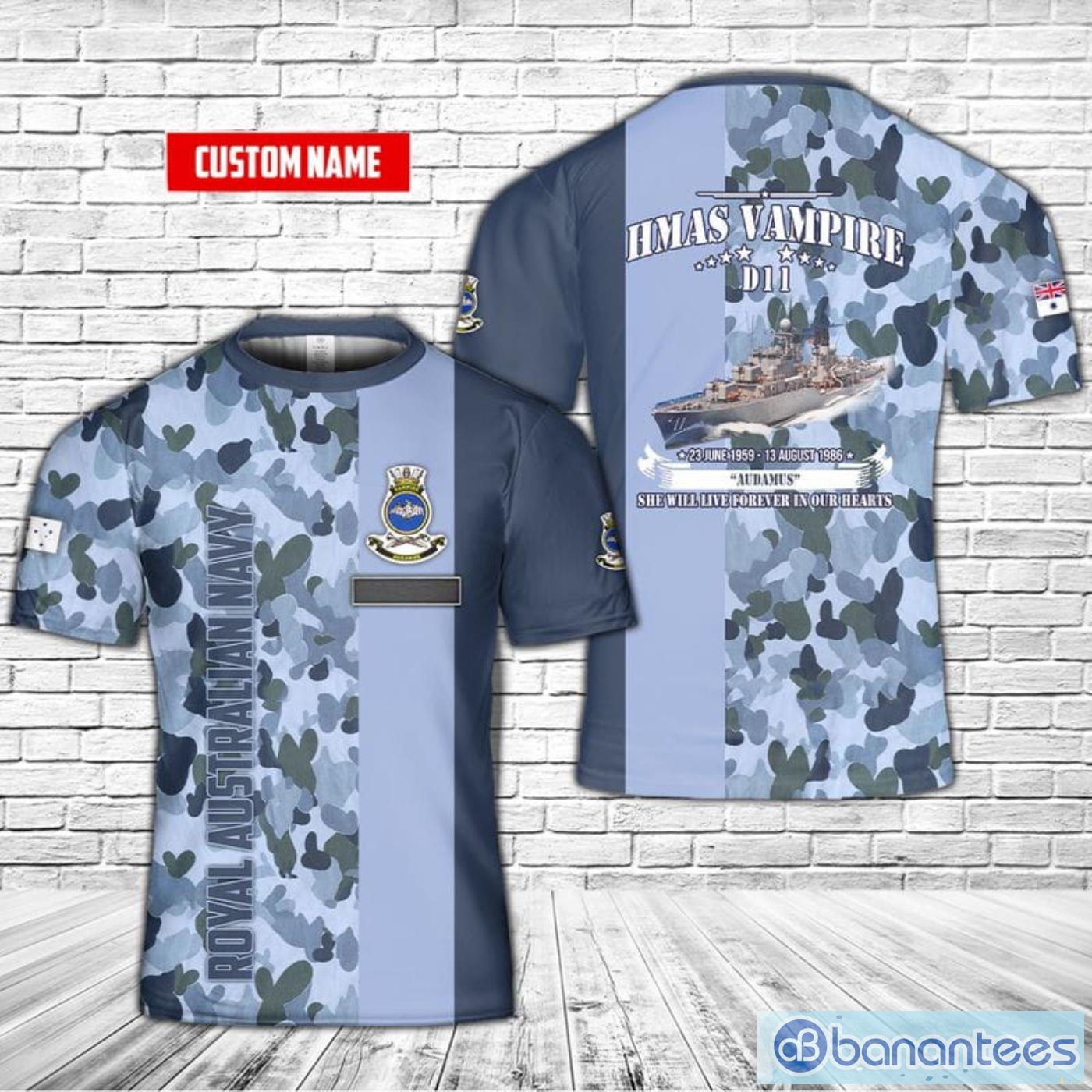 Custom Name Royal Australian Navy RAN HMAS Vampire (D11) All Print 3D T-Shirt Product Photo 1