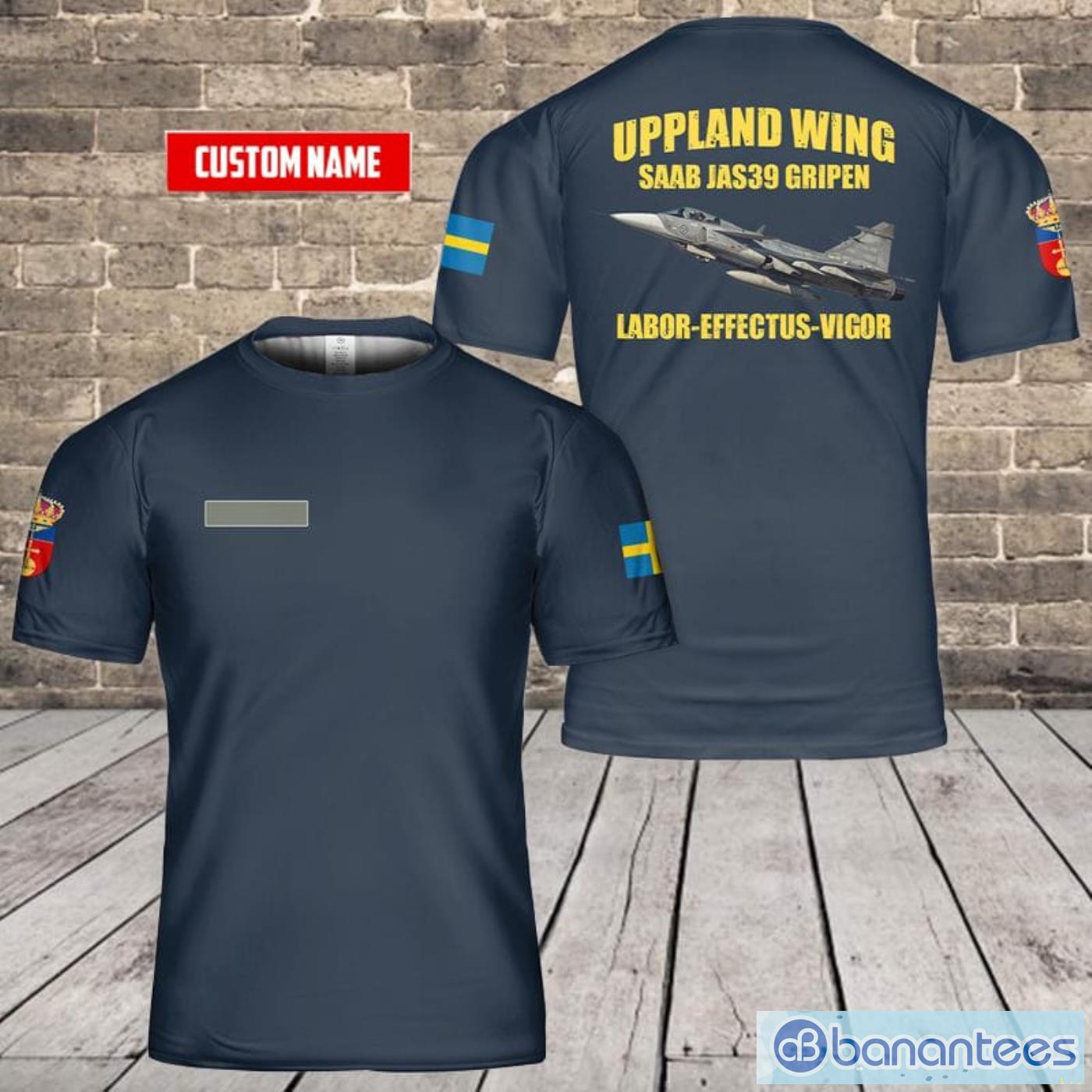 Custom Name Swedish Air Force Uppland Wing Saab JAS39 Gripen All Print 3D T-Shirt Product Photo 1
