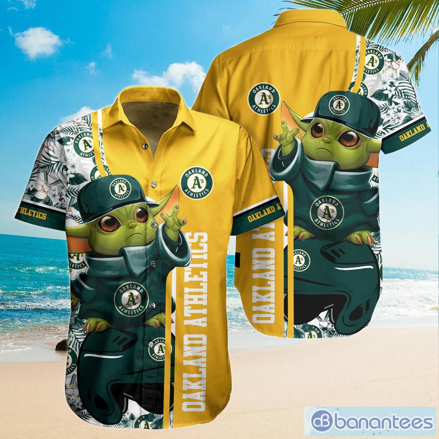 Oakland Athletics Baby Yoda Short Sleeve Button Up Tropical Hawaiian Shirt  - Trendy Aloha