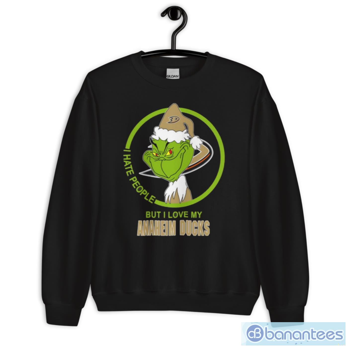 anaheim ducks nhl christmas grinch i hate people but i love my favorite hockey team t shirt 2 image Anaheim Ducks NHL Christmas Grinch I Hate People But I Love My Favorite Hockey Team T Shirt - Unisex Heavy Blend Crewneck Sweatshirt