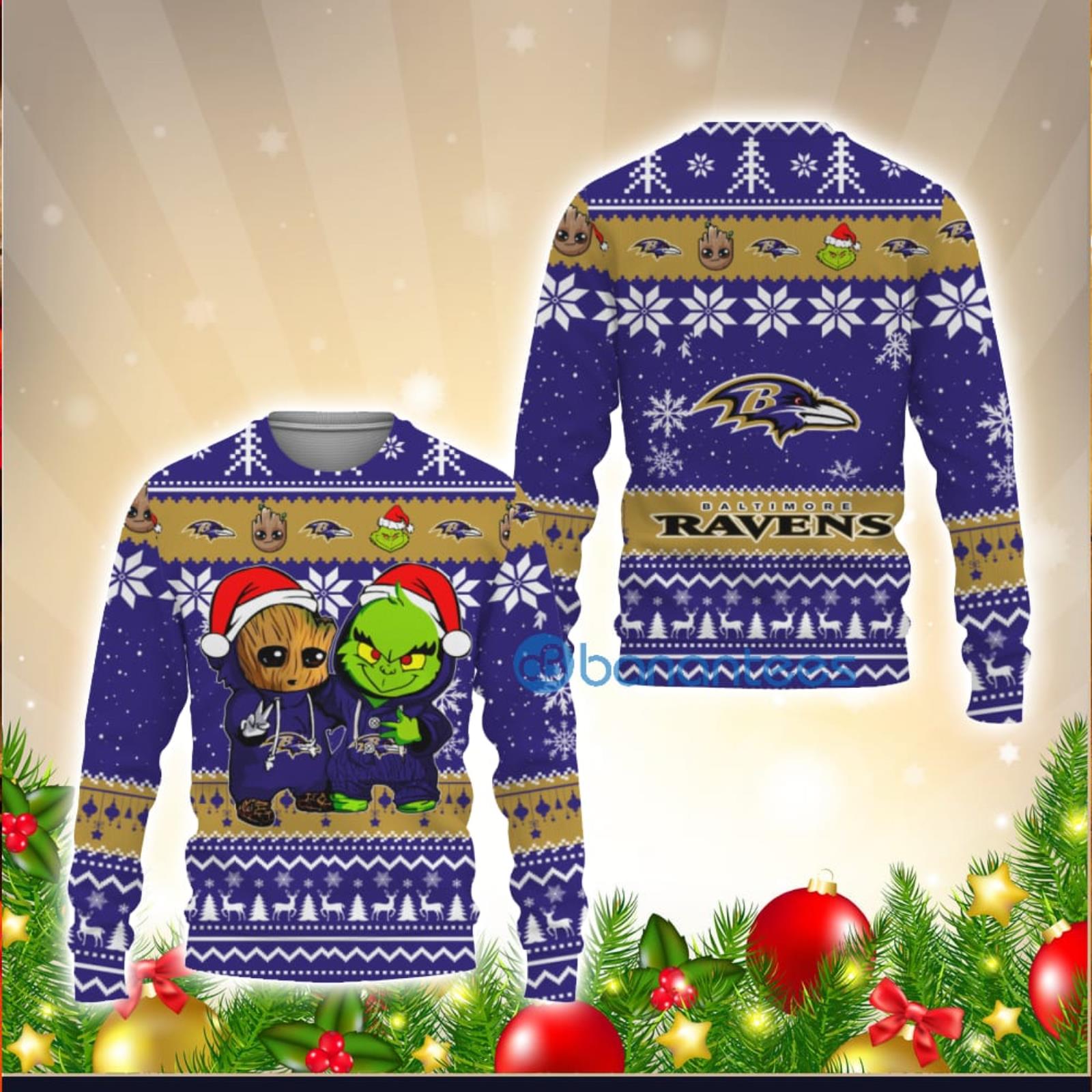 Baltimore Ravens Baby Groot And Grinch Best Friends 3D Ugly Christmas  Sweater Unisex Men and Women Christmas Gift - Banantees