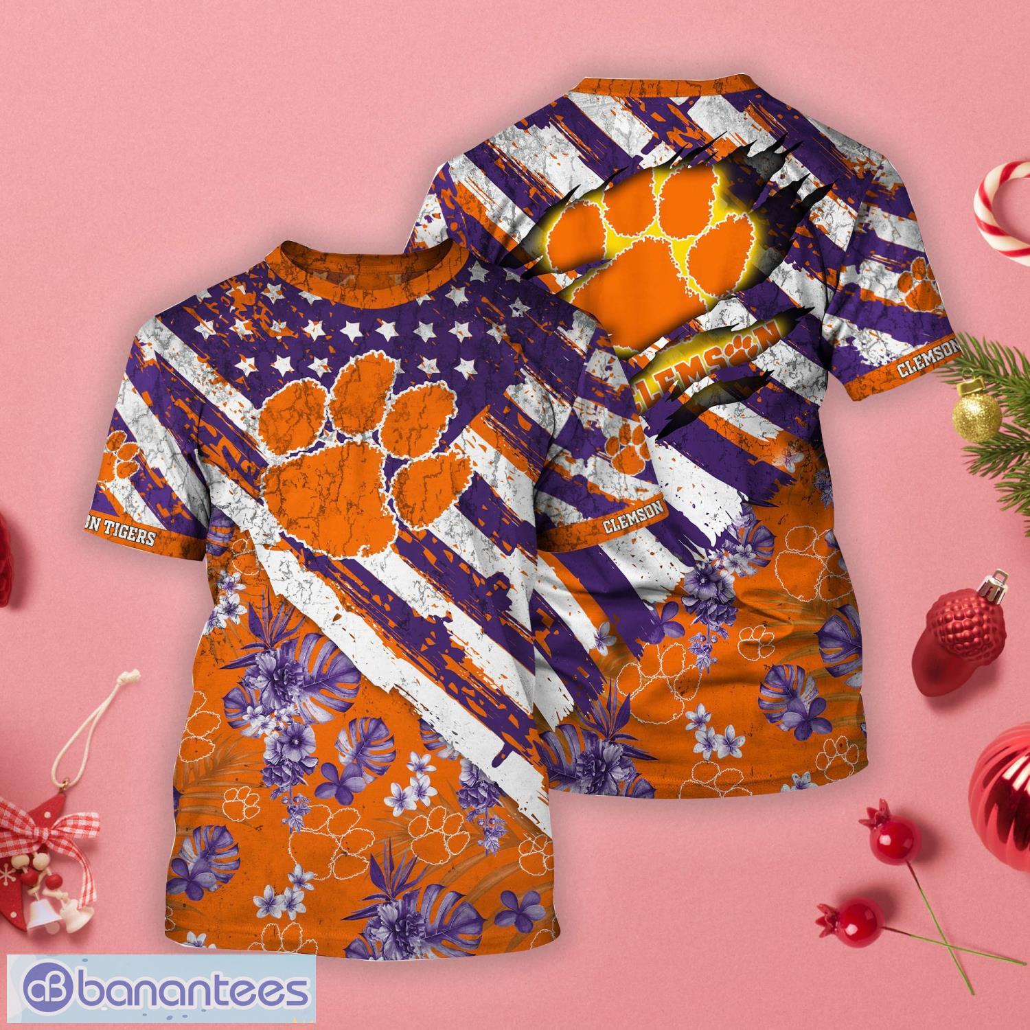 Clemson Tigers Tropical Flower Style And Flag All Over Printed 3D T-Shirt Product Photo 1