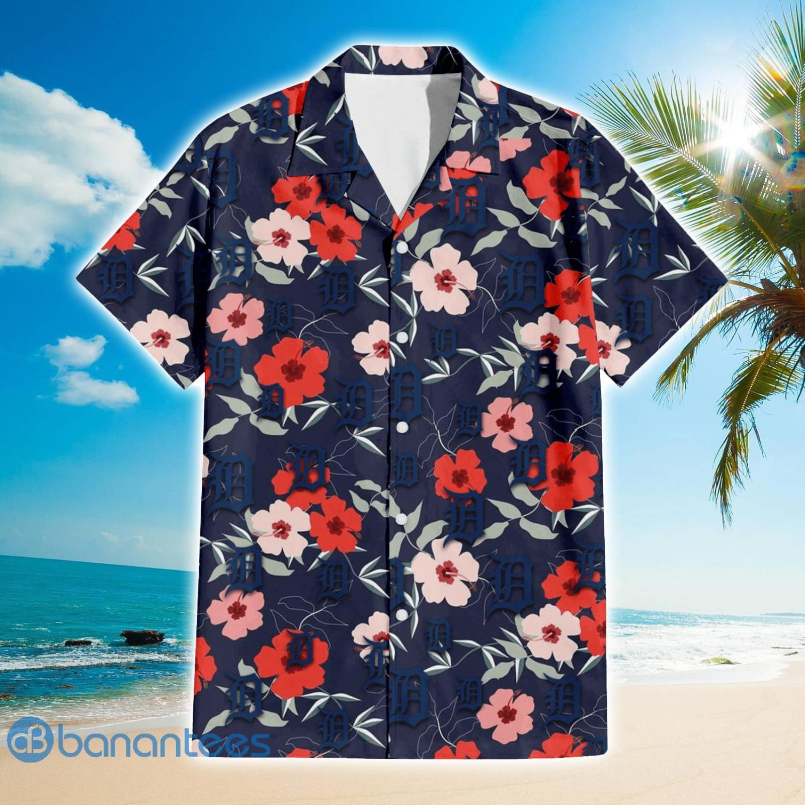 Detroit Tigers Logo And Red Pink White Hibiscus 3D Hawaiian Shirt