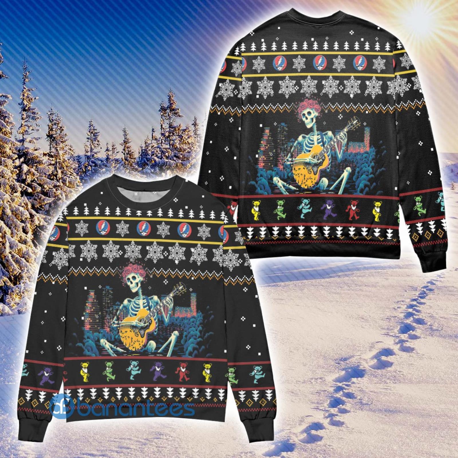 Grateful Dead Skeleton Playing Guitar Ugly Christmas Sweater