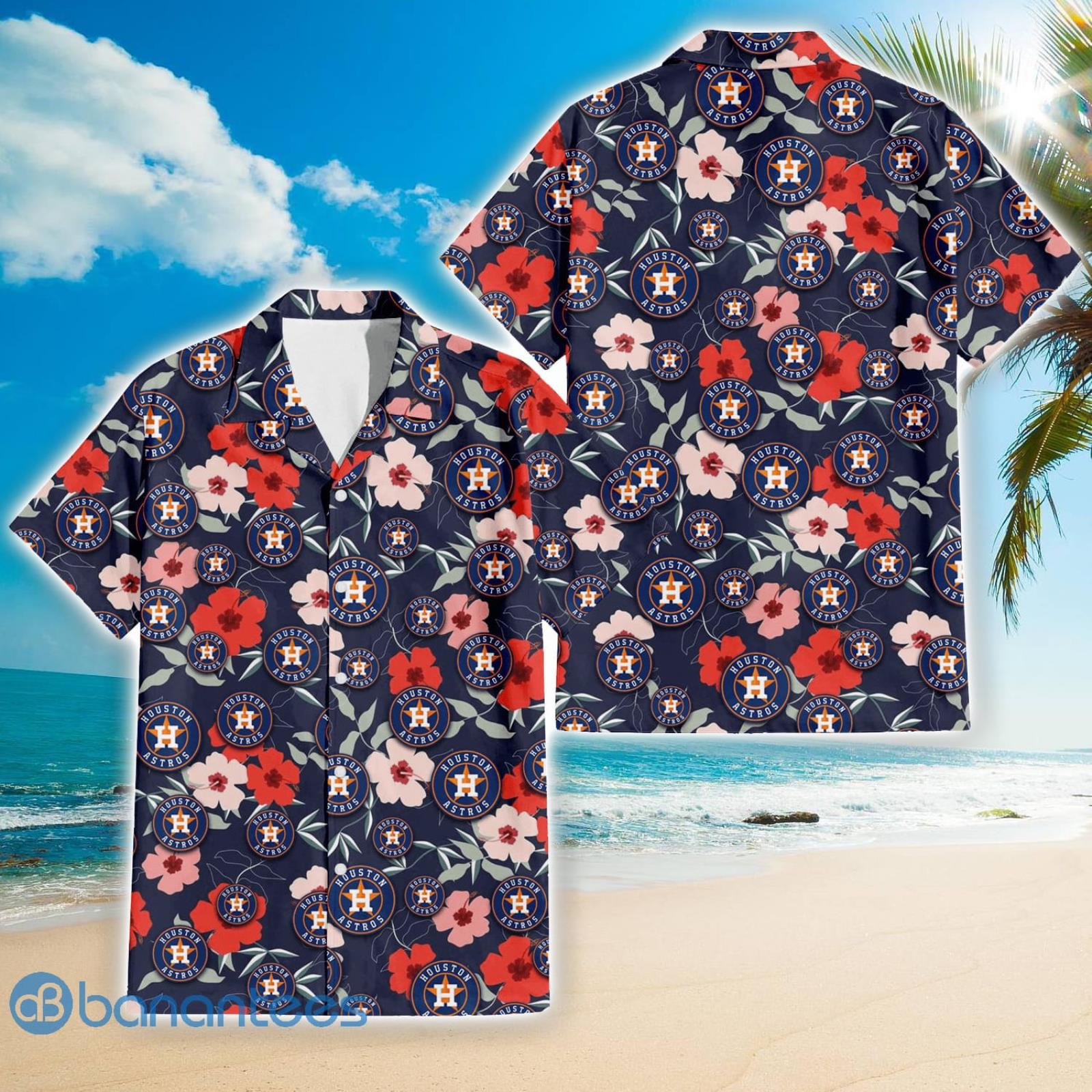 Houston Astros Logo And Red Pink White Hibiscus 3D Hawaiian Shirt