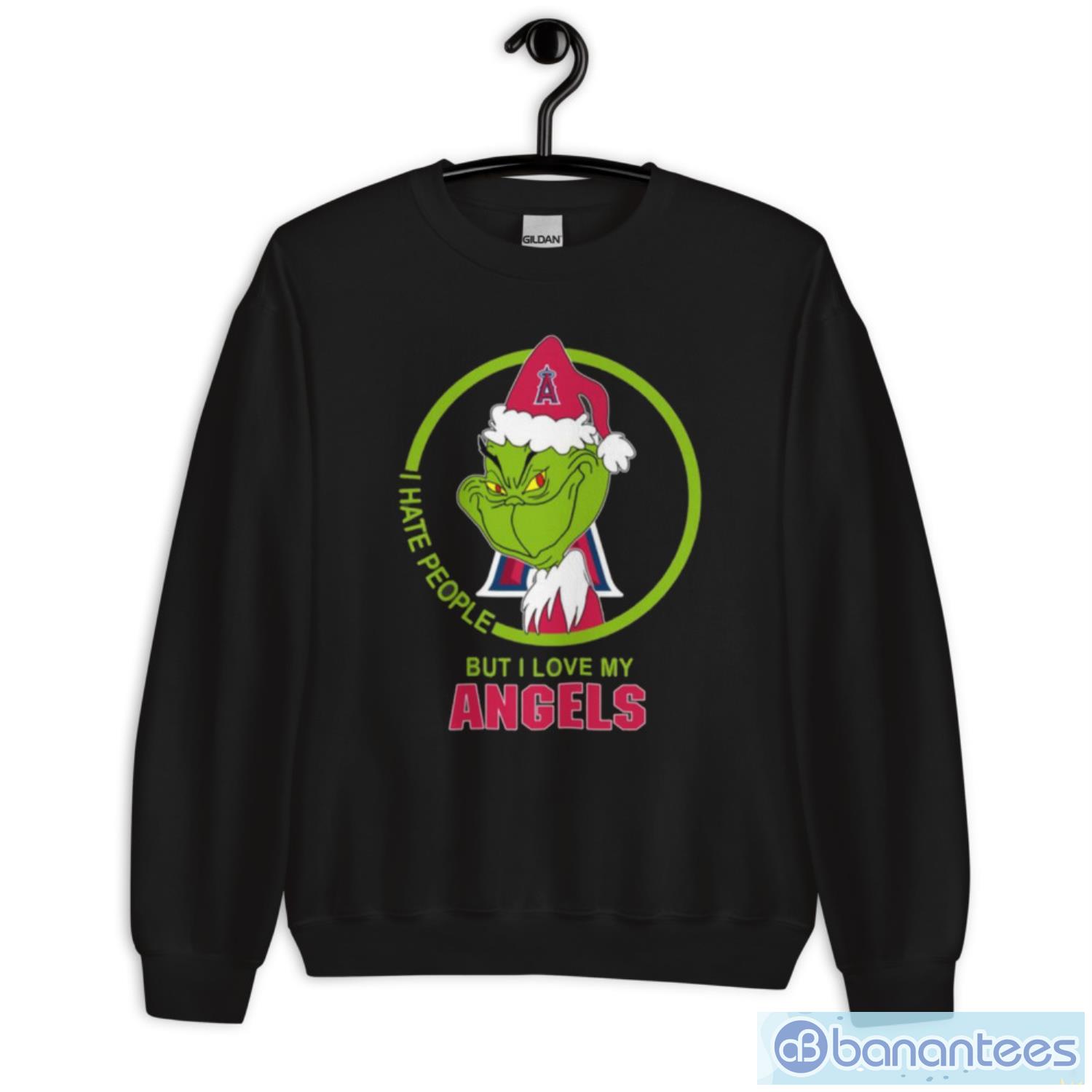 los angeles angels mlb christmas grinch i hate people but i love my favorite baseball team t shirt 2 image Los Angeles Angels MLB Christmas Grinch I Hate People But I Love My Favorite Baseball Team T Shirt - Unisex Heavy Blend Crewneck Sweatshirt