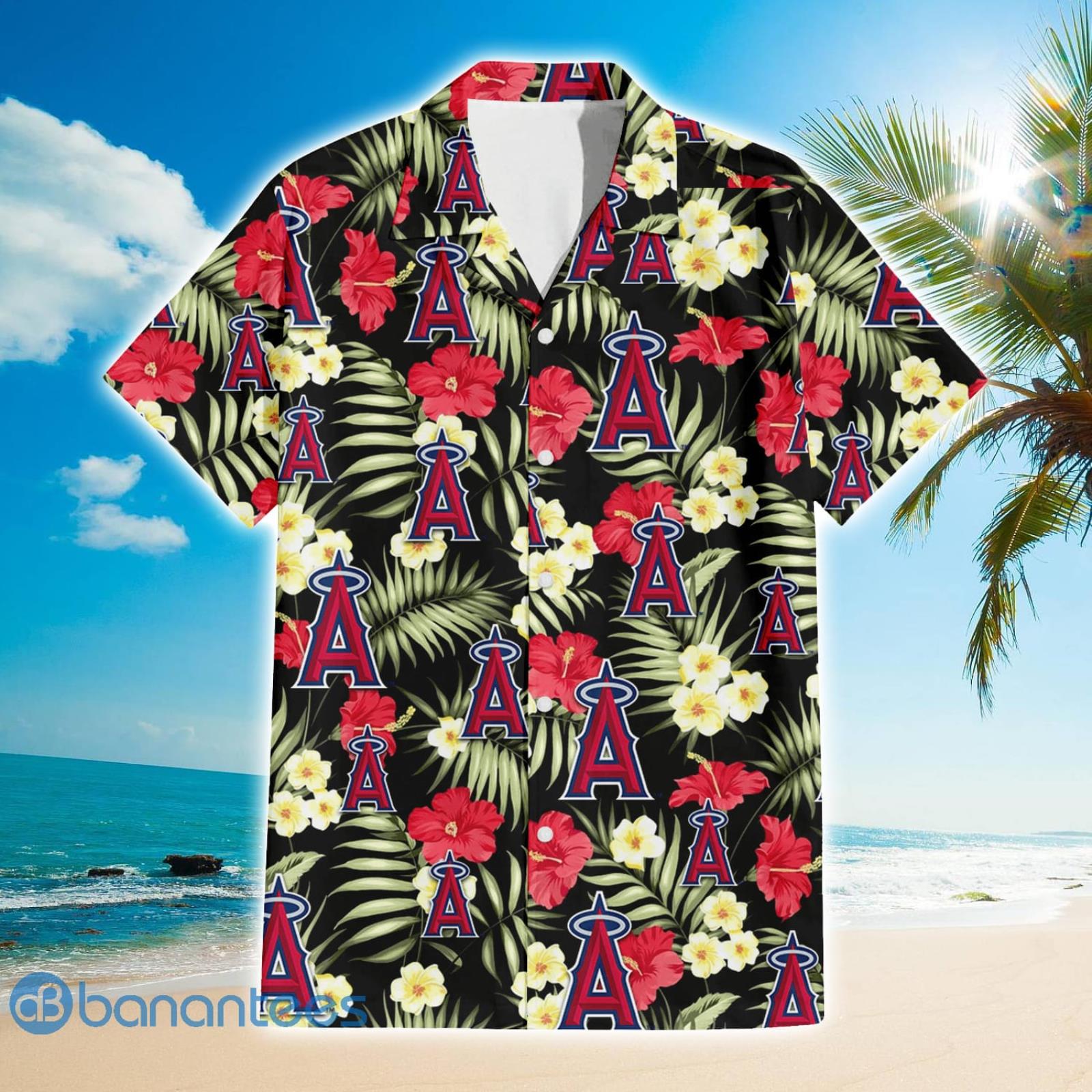 Boston Red Sox Red Hibiscus Green Leaf Tropical Hawaiian Shirt For