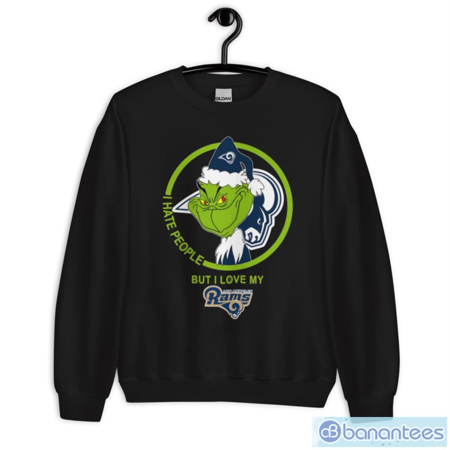 los angeles rams nfl christmas grinch i hate people but i love my favorite football team t shirt 2 image Los Angeles Rams NFL Christmas Grinch I Hate People But I Love My Favorite Football Team T Shirt - Unisex Heavy Blend Crewneck Sweatshirt