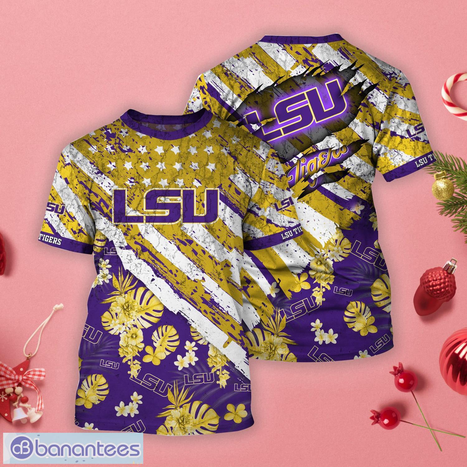 LSU TIGERS Tropical Flower Style And Flag All Over Printed 3D T-Shirt Product Photo 1