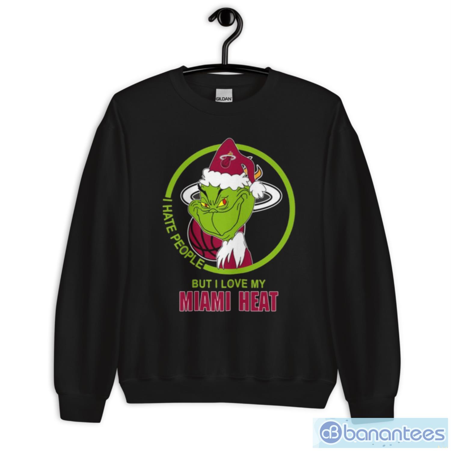 miami heat nba christmas grinch i hate people but i love my favorite basketball team t shirt 2 image Miami Heat NBA Christmas Grinch I Hate People But I Love My Favorite Basketball Team T Shirt - Unisex Heavy Blend Crewneck Sweatshirt