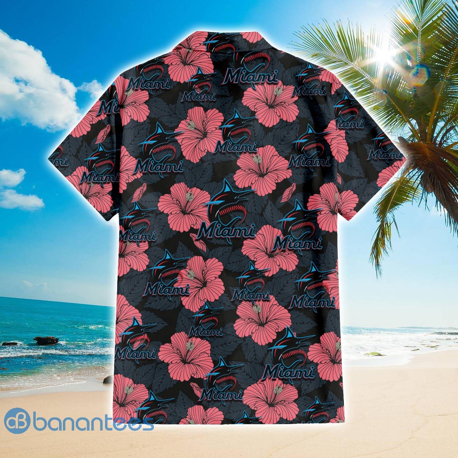 Miami Marlins Big Logo And Light Coral Hibiscus 3D Hawaiian Shirt