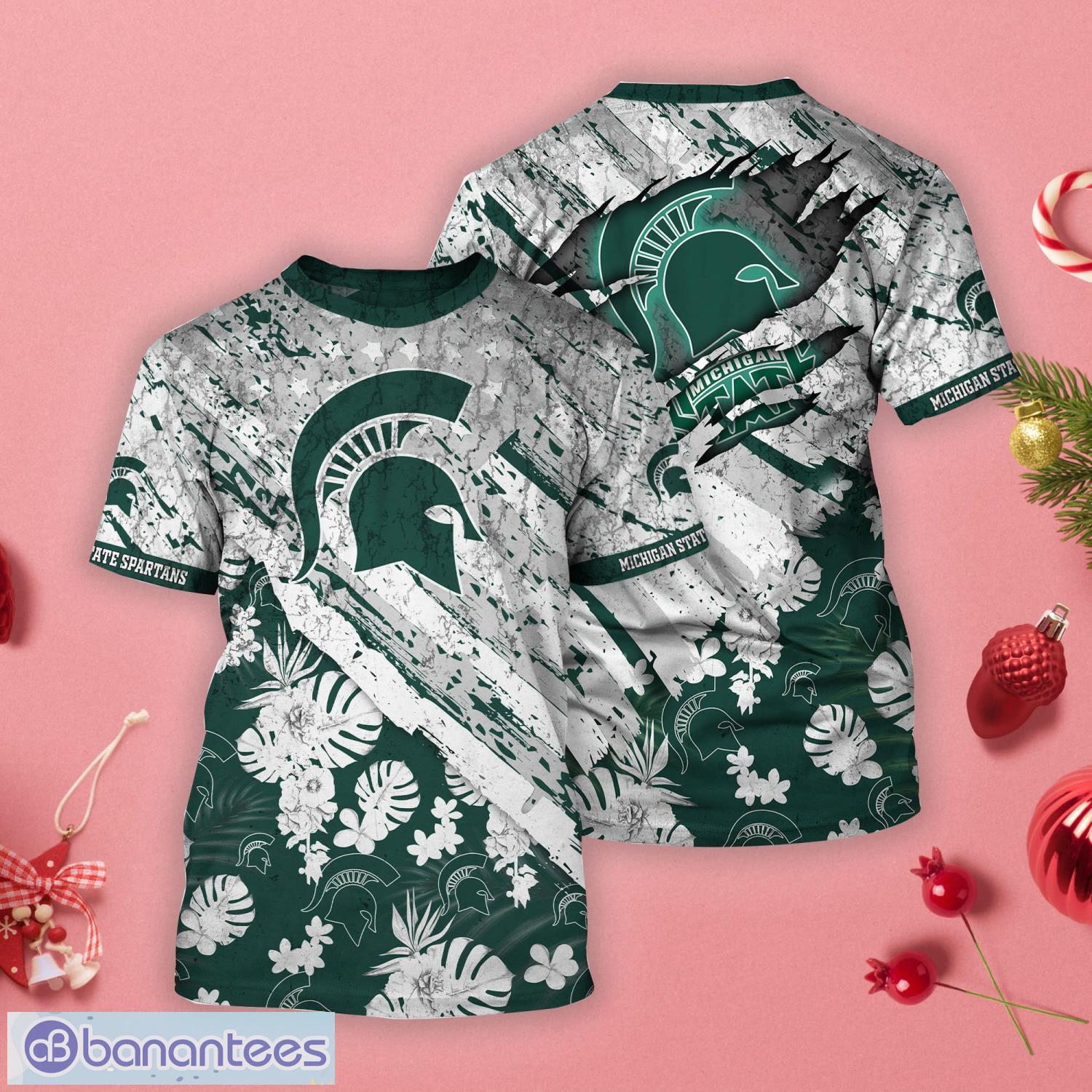 Michigan State Spartans Tropical Flower Style And Flag All Over Printed 3D T-Shirt Product Photo 1