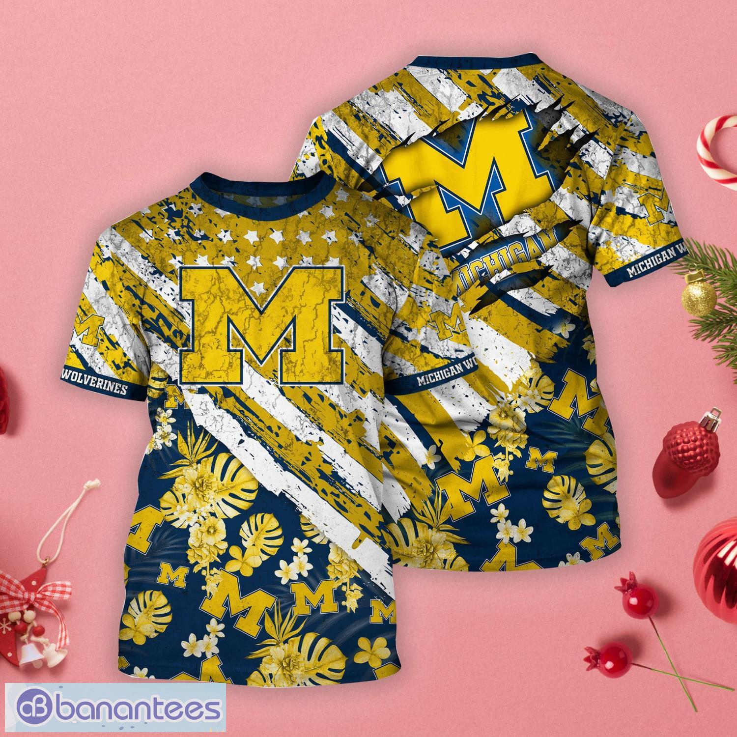 Michigan Wolverines Tropical Flower Style And Flag All Over Printed 3D T-Shirt Product Photo 1