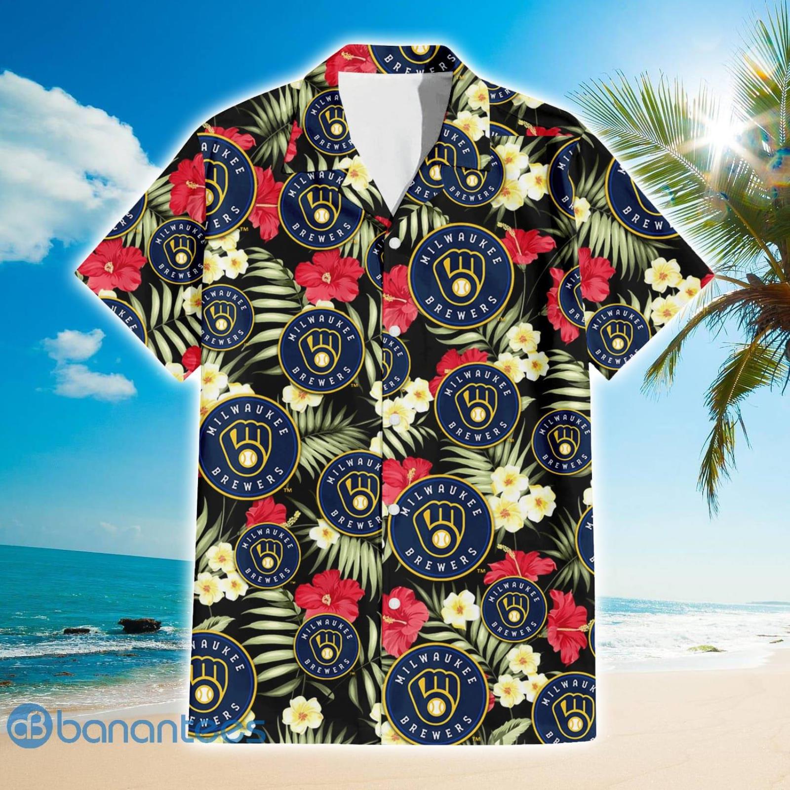 Milwaukee Brewers Red Hibiscus Yellow Porcelain Flower With Leaf Pattern 3D  Hawaiian Shirt Summer Gift - Banantees
