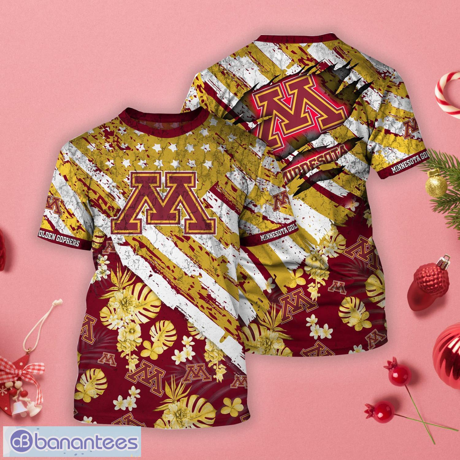 Minnesota Golden Gophers Tropical Flower Style And Flag All Over Printed 3D T-Shirt Product Photo 1