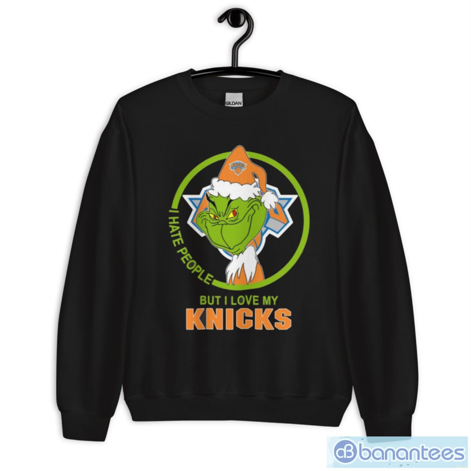 new york knicks nba christmas grinch i hate people but i love my favorite basketball team t shirt 2 image New York Knicks NBA Christmas Grinch I Hate People But I Love My Favorite Basketball Team T Shirt - Unisex Heavy Blend Crewneck Sweatshirt