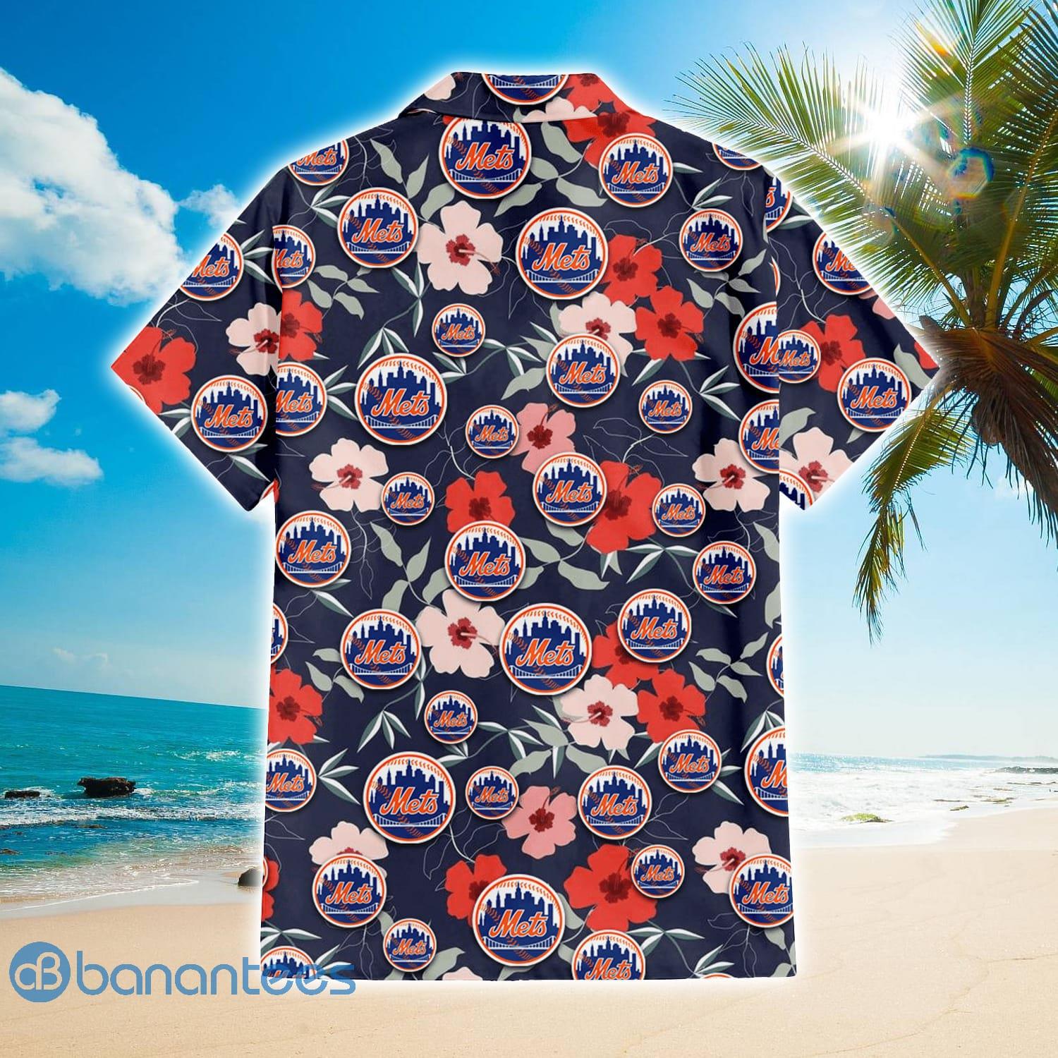New York Mets Logo And Red Pink White Hibiscus 3D Hawaiian Shirt