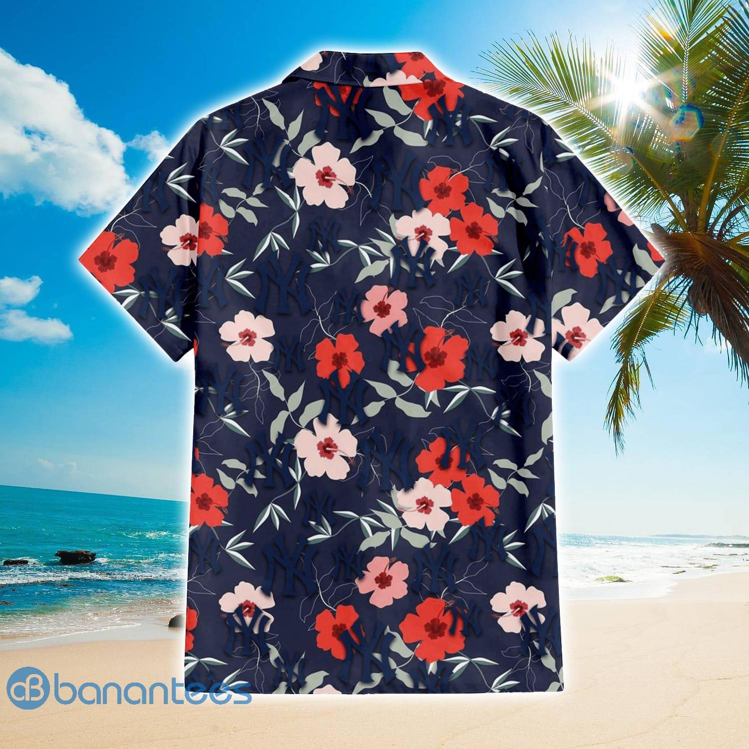 New York Yankees Logo And Red Pink White Hibiscus 3D Hawaiian Shirt For  Fans - Banantees