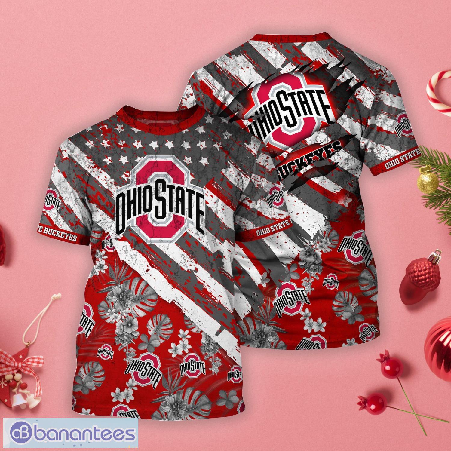 Ohio State Buckeyes Tropical Flower Style And Flag All Over Printed 3D T-Shirt Product Photo 1