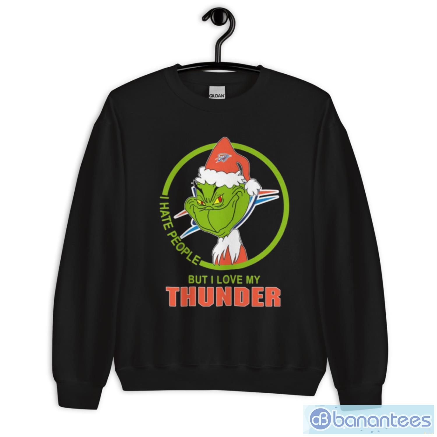 oklahoma city thunder nba christmas grinch i hate people but i love my favorite basketball team t shirt 2 image Oklahoma City Thunder NBA Christmas Grinch I Hate People But I Love My Favorite Basketball Team T Shirt - Unisex Heavy Blend Crewneck Sweatshirt