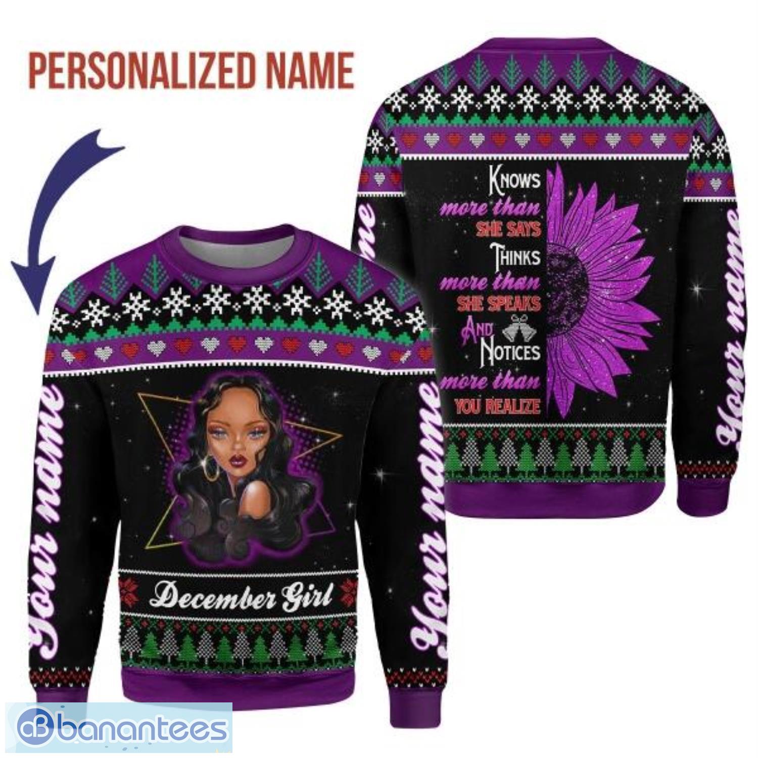 Personalized Name December Girk Knows More Than She Says 3D Ugly Christmas Sweater Christmas Gift Product Photo 1