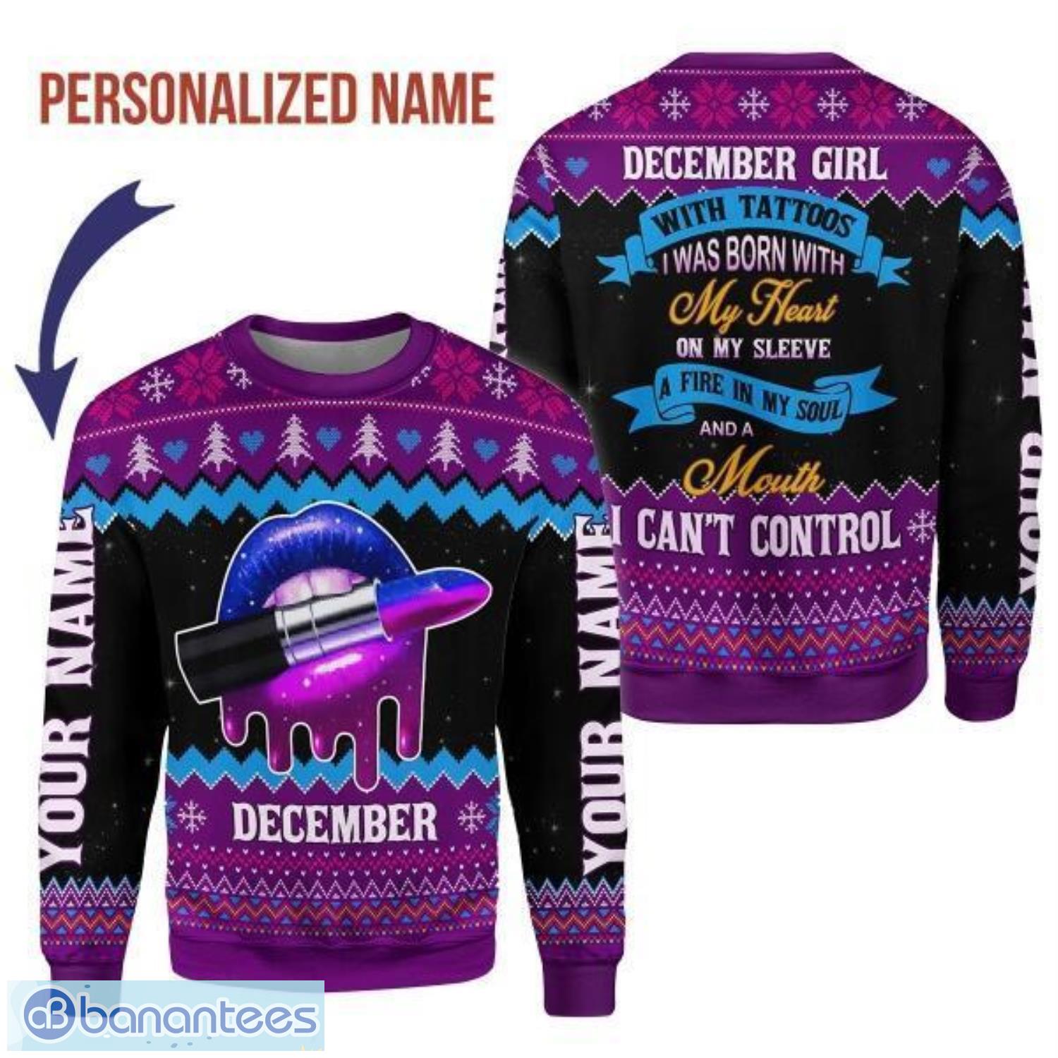 Personalized Name December Girl I Was Born With My Heart On My Sleeve 3D Ugly Christmas Sweater Christmas Gift Product Photo 1