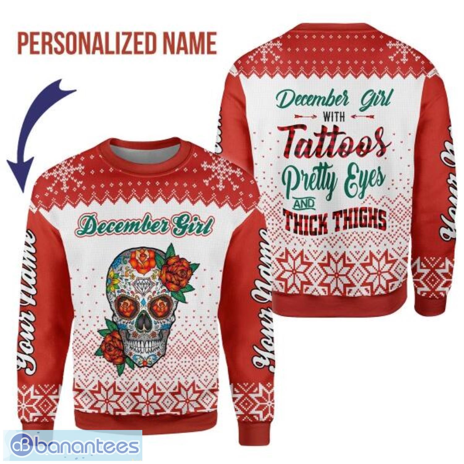Personalized Name December Girl With Tatoos Pretty Eyes And Thick Thighs 3D Ugly Christmas Sweater Christmas Gift Product Photo 1