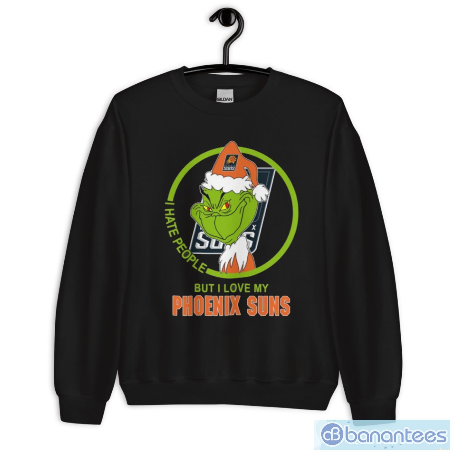 phoenix suns nba christmas grinch i hate people but i love my favorite basketball team t shirt 2 image Phoenix Suns NBA Christmas Grinch I Hate People But I Love My Favorite Basketball Team T Shirt - Unisex Heavy Blend Crewneck Sweatshirt