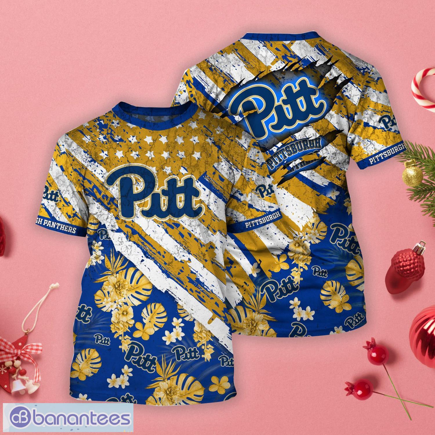 Pittsburgh Panthers Tropical Flower Style And Flag All Over Printed 3D T-Shirt Product Photo 1