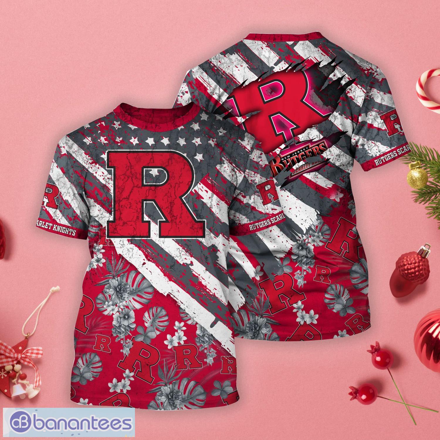 Rutgers Scarlet Knights Tropical Flower Style And Flag All Over Printed 3D T-Shirt Product Photo 1