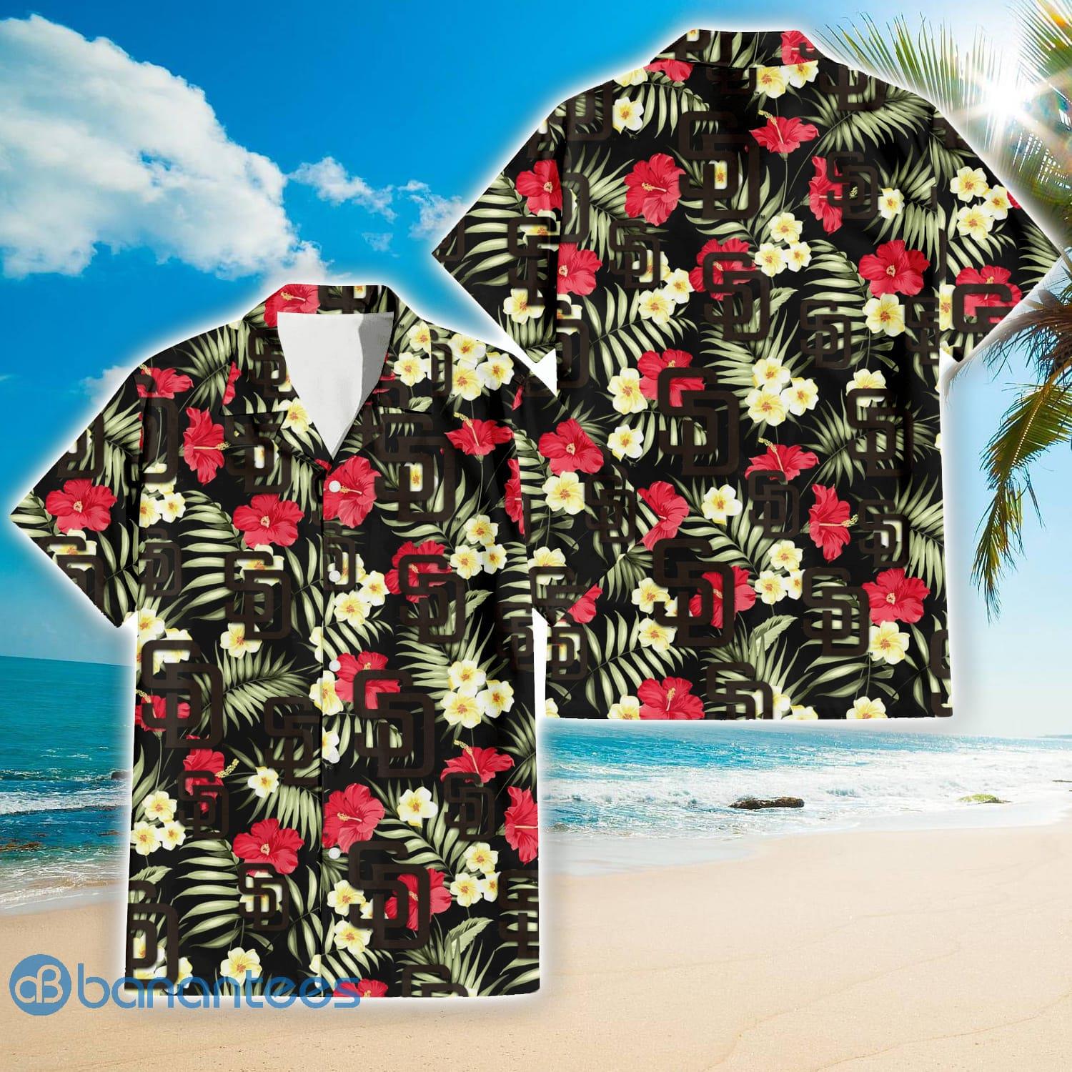 San Diego Padres White Hibiscus Porcelain Flower Palm Leaf Black 3D  Hawaiian Shirt Gift For Fans - YesItCustom