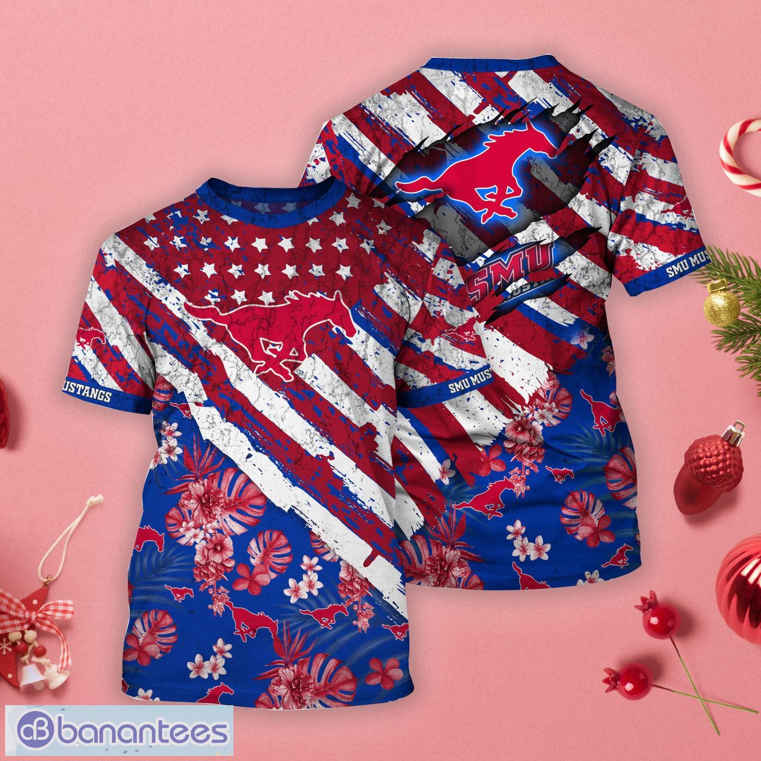 SMU Mustangs Tropical Flower Style And Flag All Over Printed 3D T-Shirt Product Photo 1
