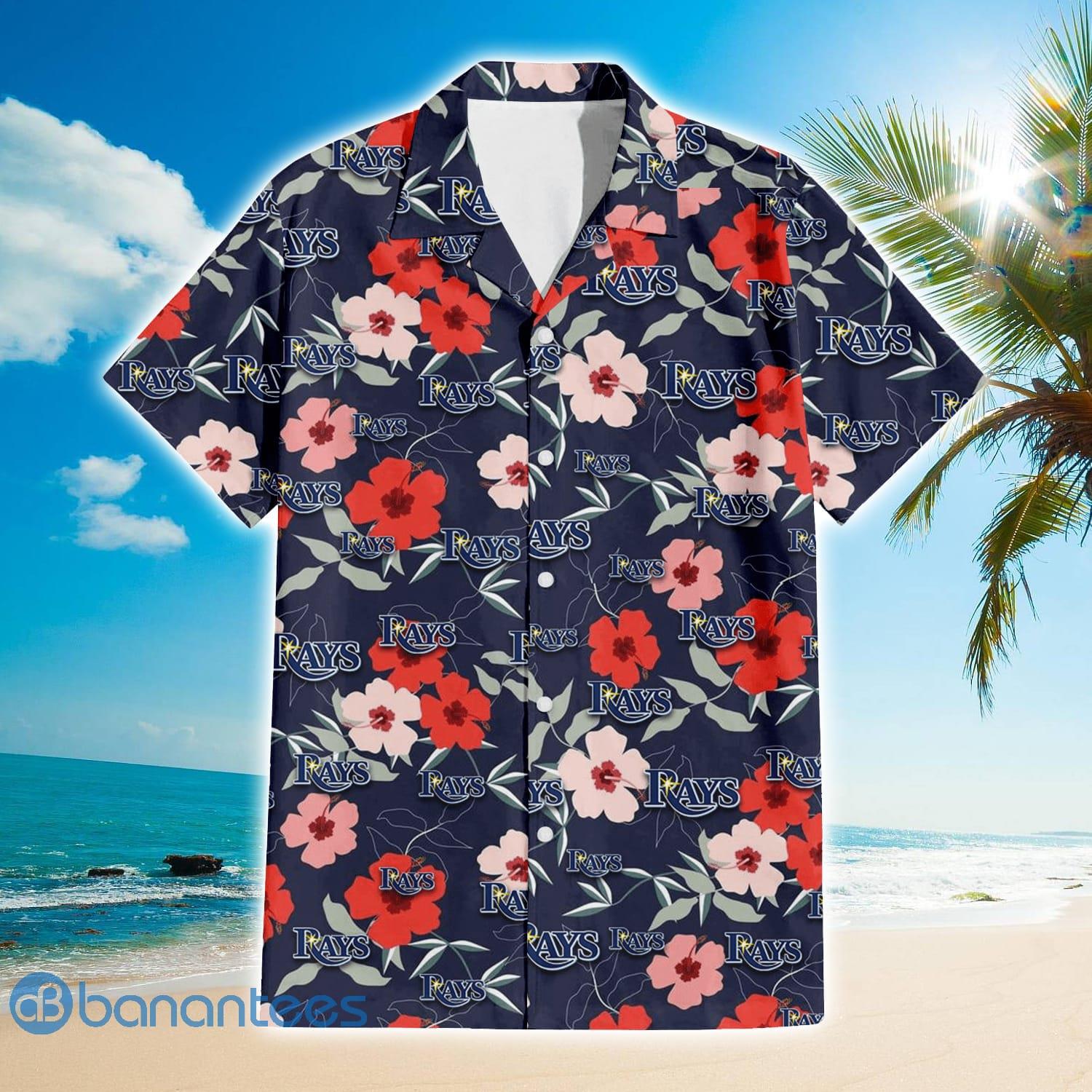 Tampa Bay Rays Logo And Red Pink White Hibiscus 3D Hawaiian Shirt For Fans Product Photo 4 Tampa Bay Rays Logo And Red Pink White Hibiscus 3D Hawaiian Shirt For Fans Product Photo 4