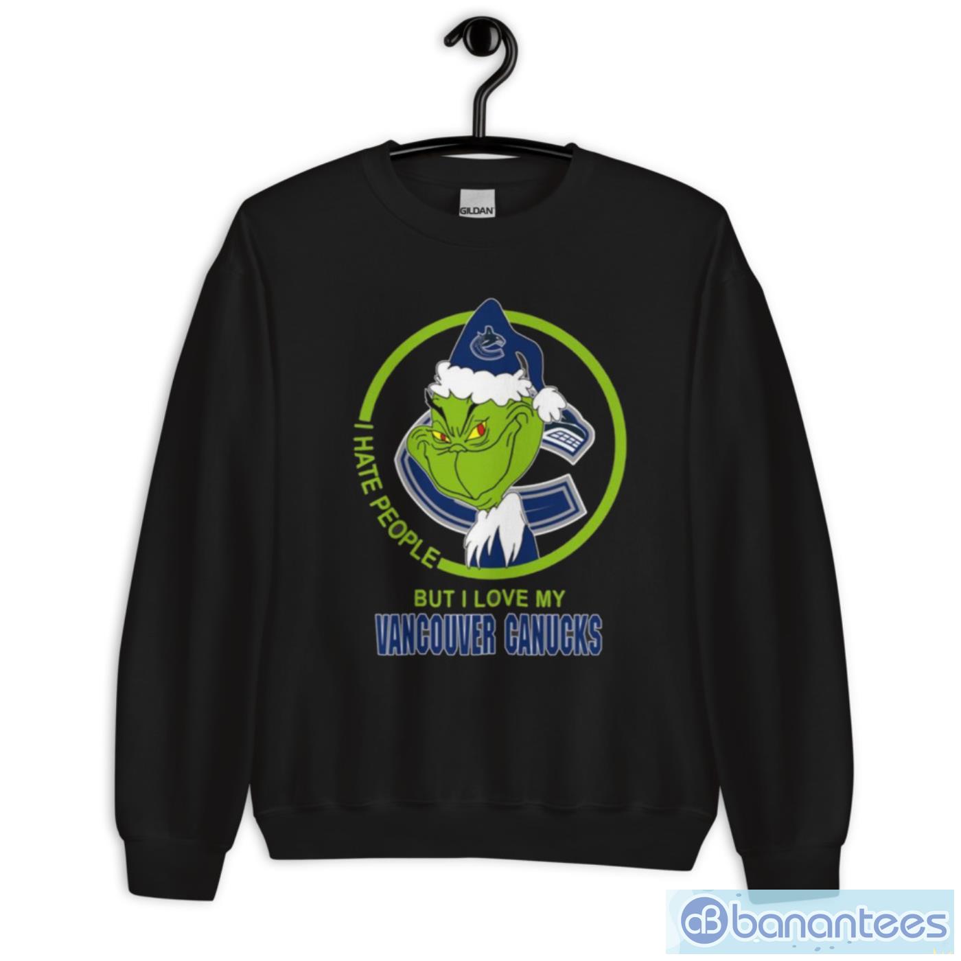 vancouver canucks nhl christmas grinch i hate people but i love my favorite hockey team t shirt 2 image Vancouver Canucks NHL Christmas Grinch I Hate People But I Love My Favorite Hockey Team T Shirt - Unisex Heavy Blend Crewneck Sweatshirt