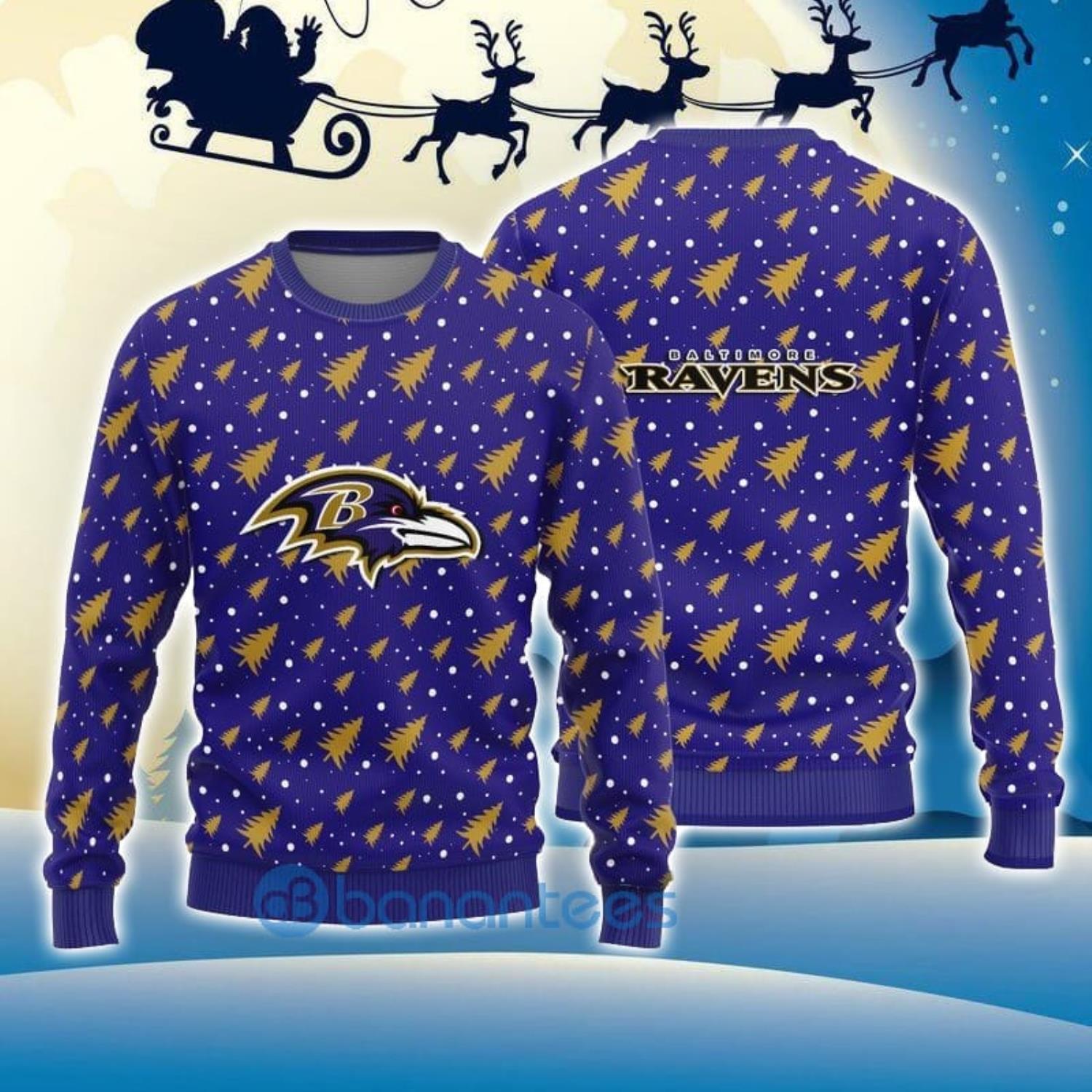 Baltimore Ravens Christmas Pine Tree All Over Printed Xmas Christmas Ugly  Sweater - Banantees