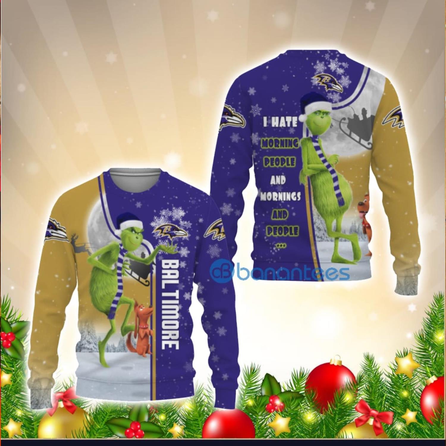 Baltimore Ravens Funny Grinch Ugly Christmas Sweater - Banantees