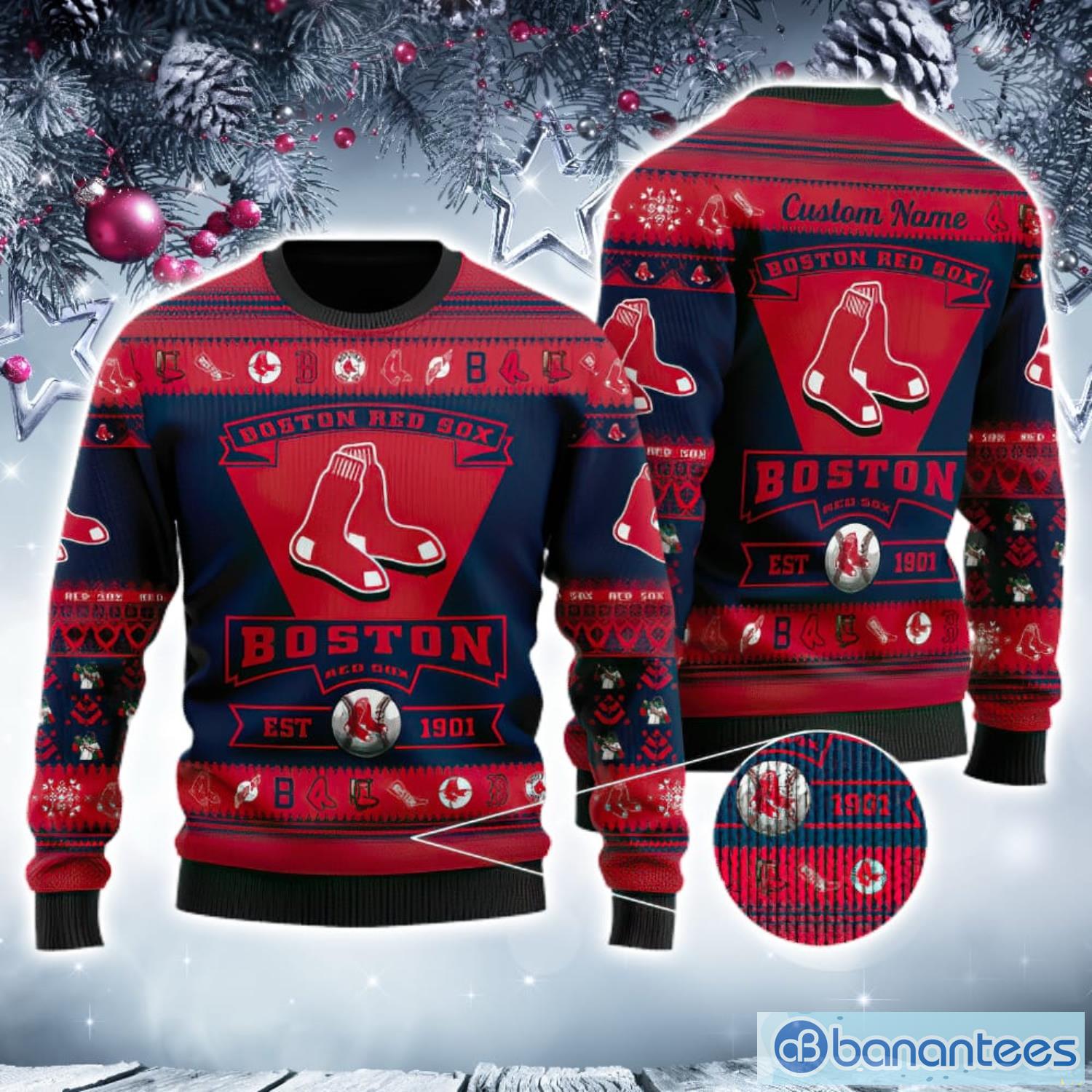 Boston Red Sox Football Team Logo Custom Name 3D Ugly Christmas Sweater  Christmas Gift For Sport Fans - Banantees