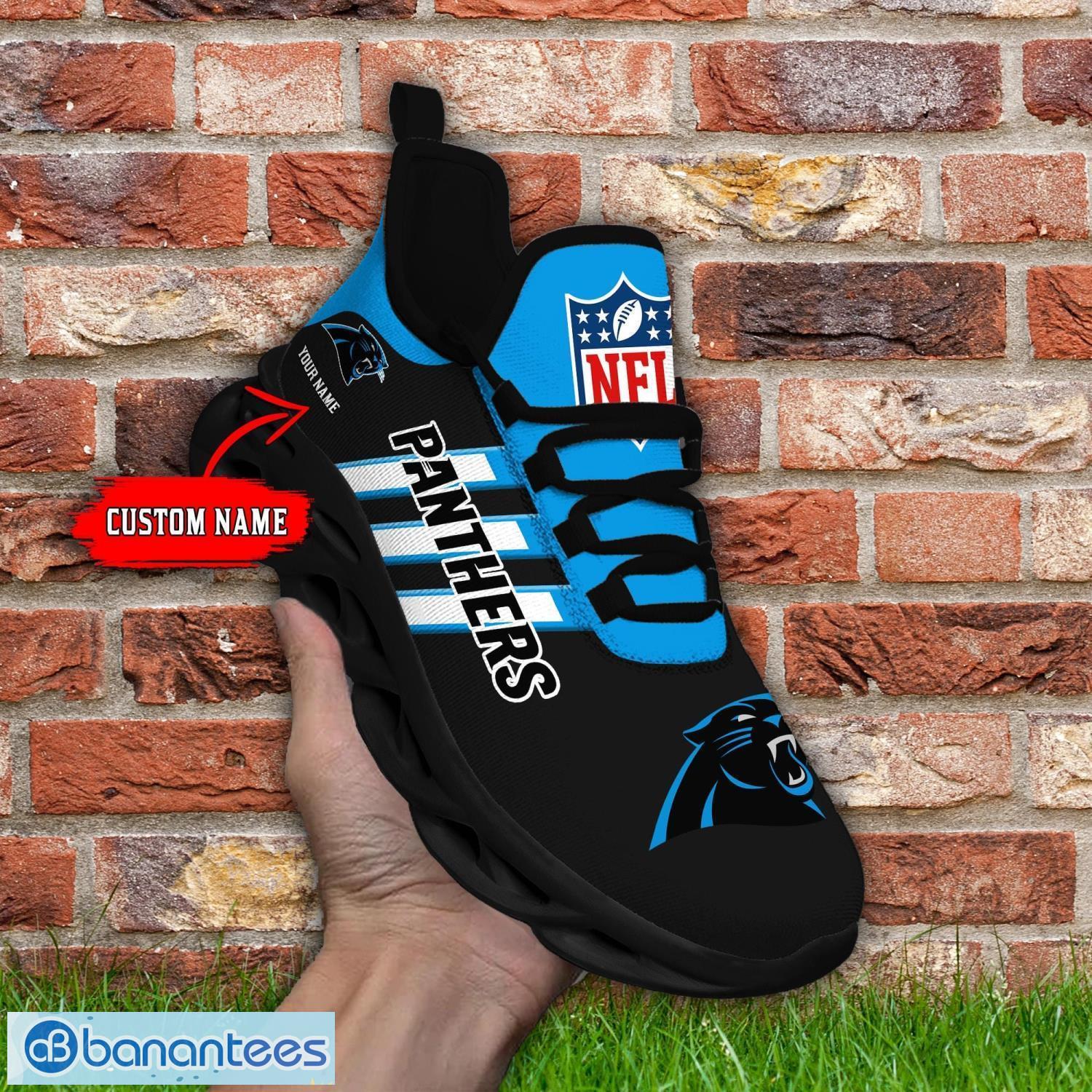 Custom Name Carolina Panthers Running Sneakers Striped Style Max Soul Shoes For Fans Product Photo 1
