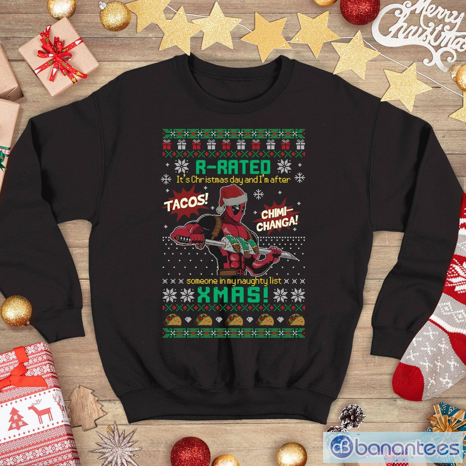 deadpool sweatshirt deadpool r rated christmas sweatshirt image Deadpool Sweatshirt Deadpool R-Rated Christmas Sweatshirt Product Photo 1