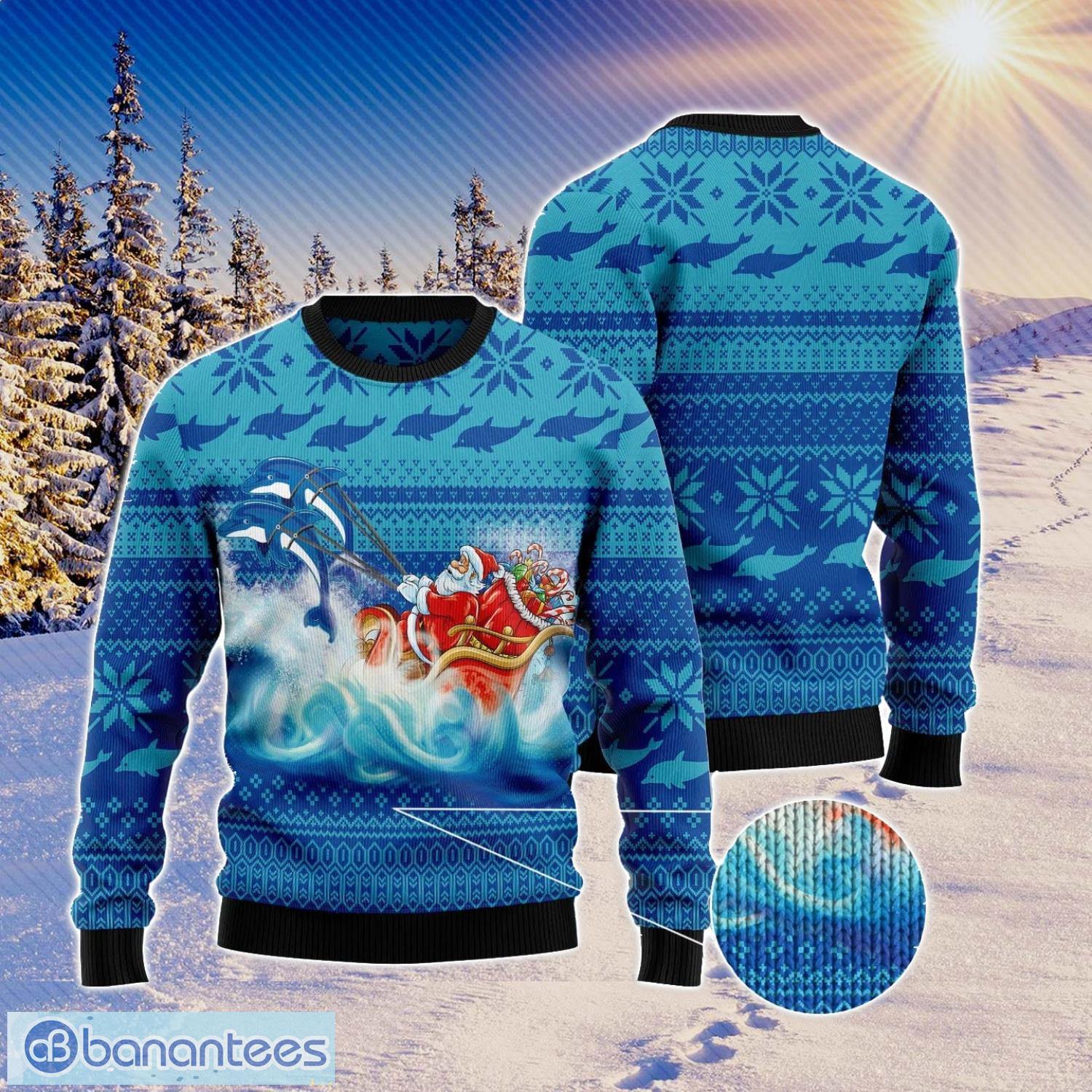 Dolphin Riding The Waves With Santa Christmas Gift Ugly Christmas Sweater Xmas Holiday Product Photo 1