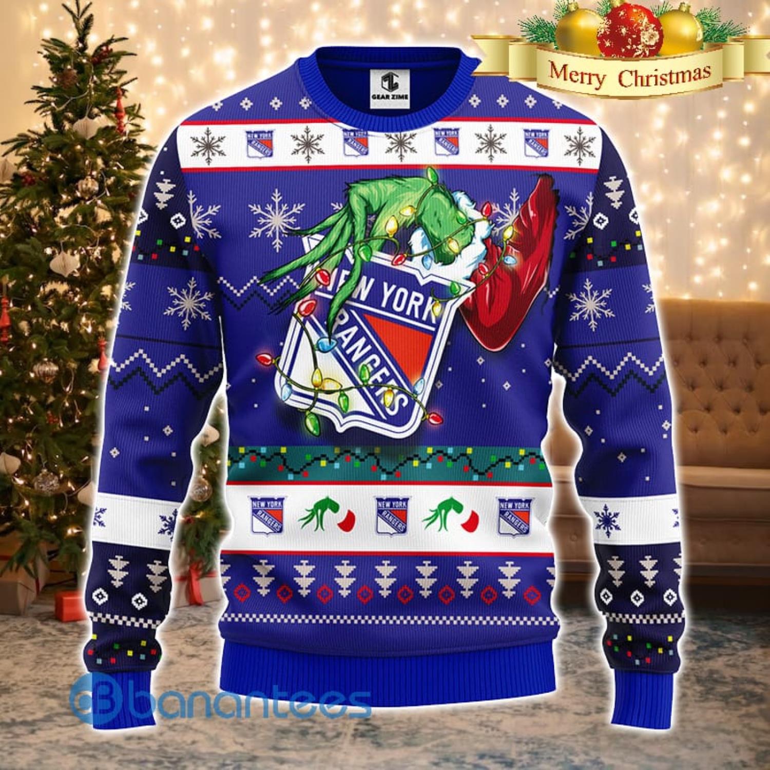 Custom NHL New York Rangers Ugly Christmas Sweater Grinch Drink Up  Christmas Gift For Football Fans