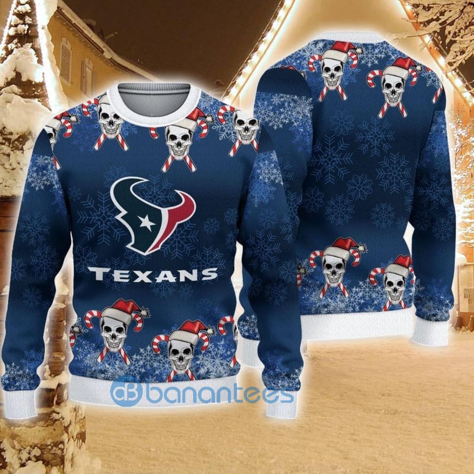 Houston Texans Christmas Skull Candy Cane Pattern Ugly Christmas Sweater  Christmas Gift For Family - Banantees