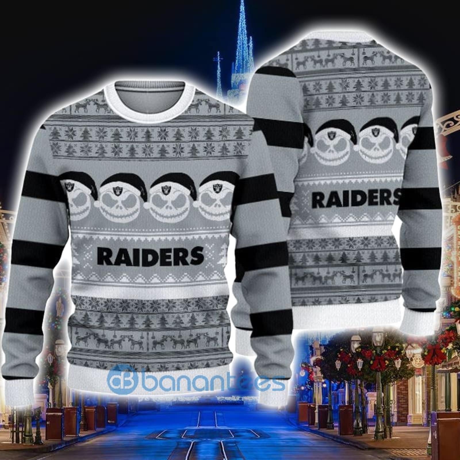 Las Vegas Raiders Christmas Jack Skellington Face Pattern Ugly Christmas  Sweater - Banantees