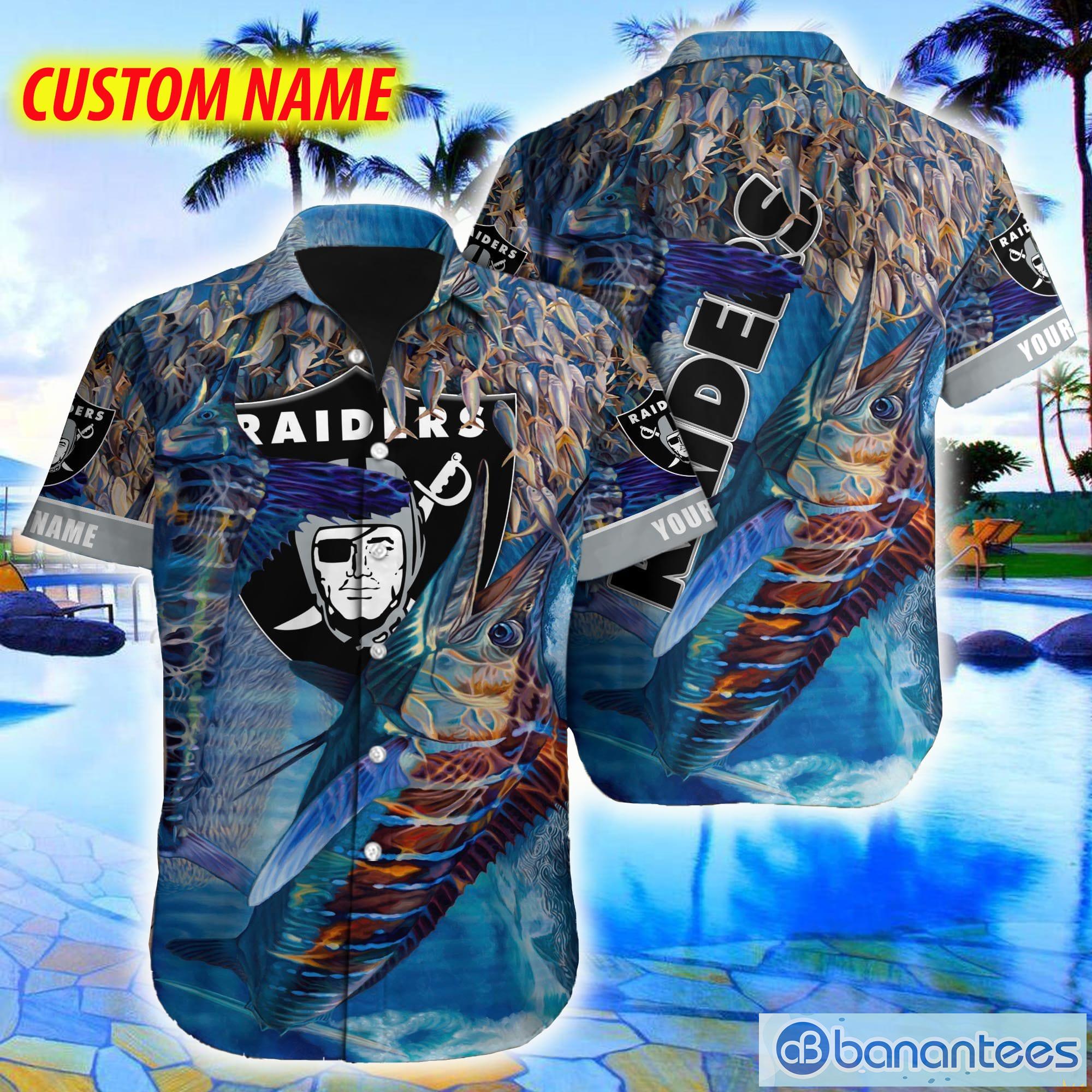 Las Vegas Raiders NFL Custom Name Hawaiian Shirt Fish Fans Gift Blue Summer  - Banantees