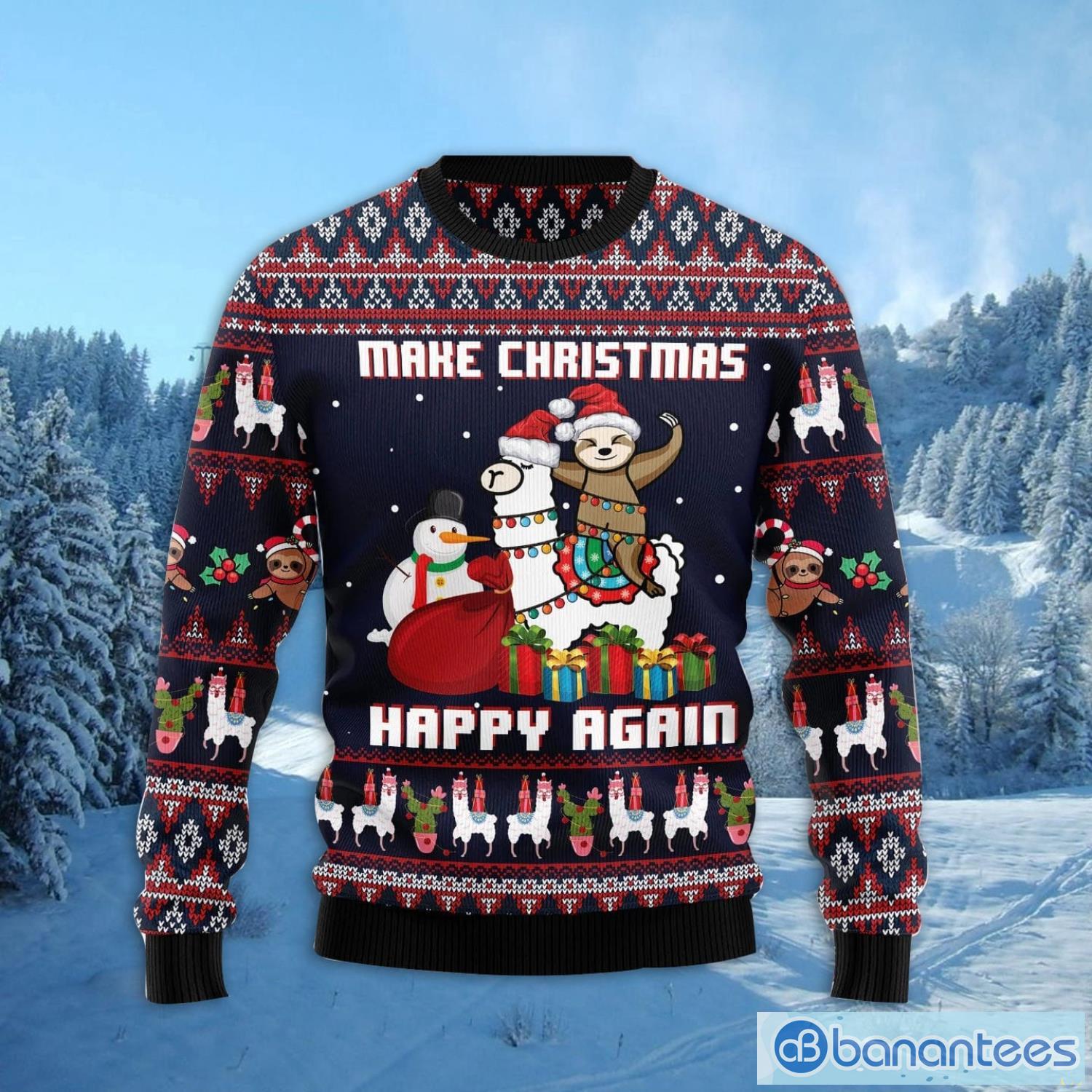 Llama Sloth Make Christmas Happy Again Ugly Christmas Sweater Family Noel Gift Product Photo 1