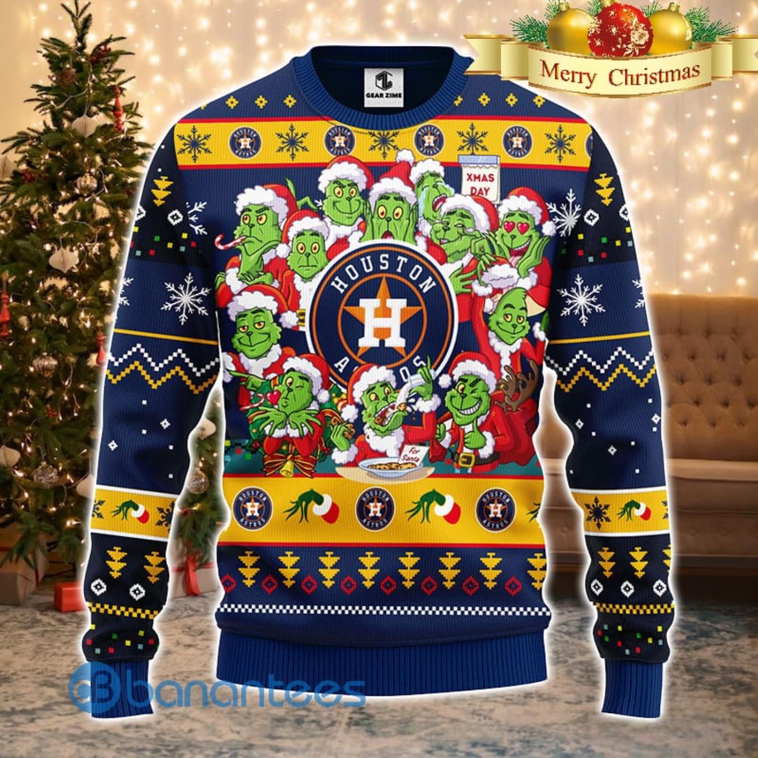 Men And Women Christmas Gift MLB Houston Astros Cute 12 Grinch Face Xmas  Day 3D Ugly Christmas Sweater - Banantees