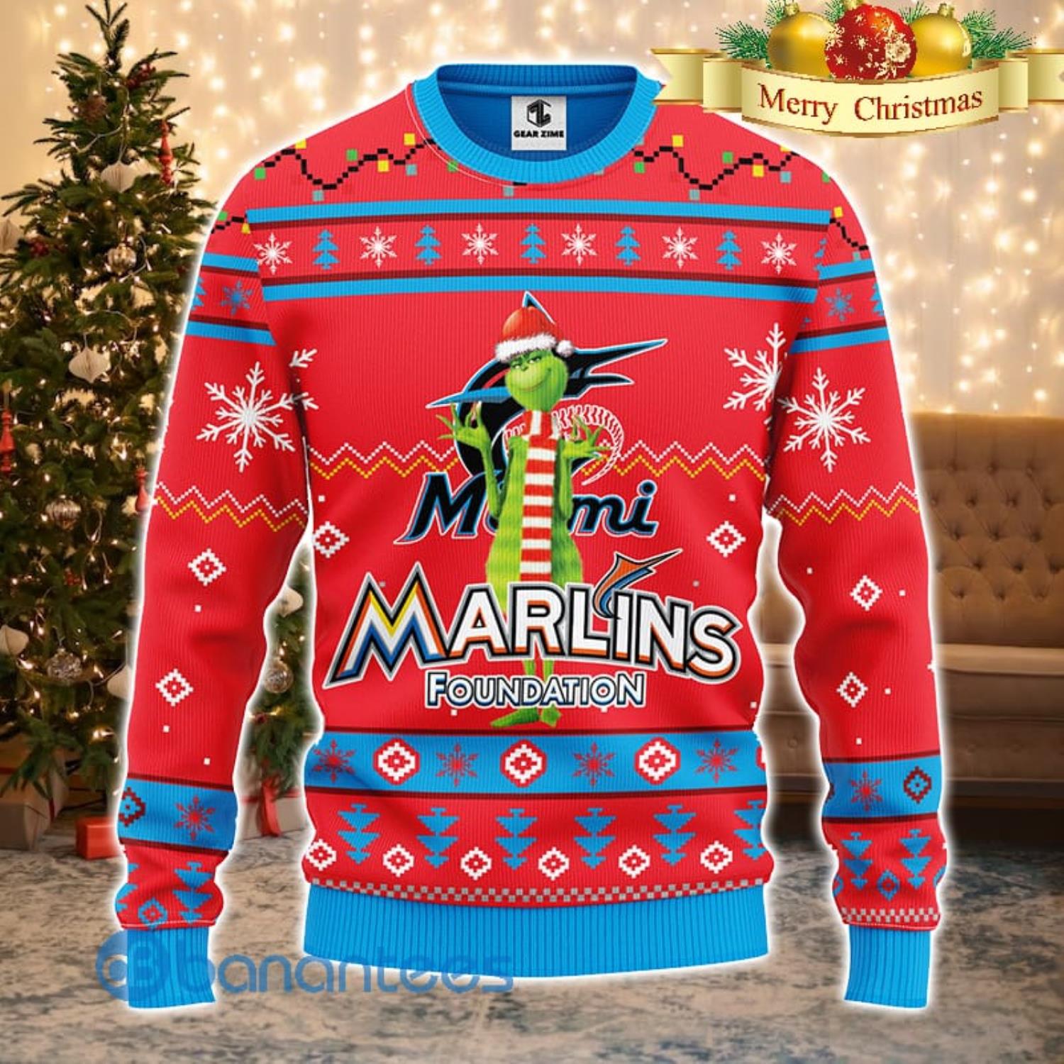 MLB Miami Marlins Print Funny Grinch Ugly Christmas Sweater - The