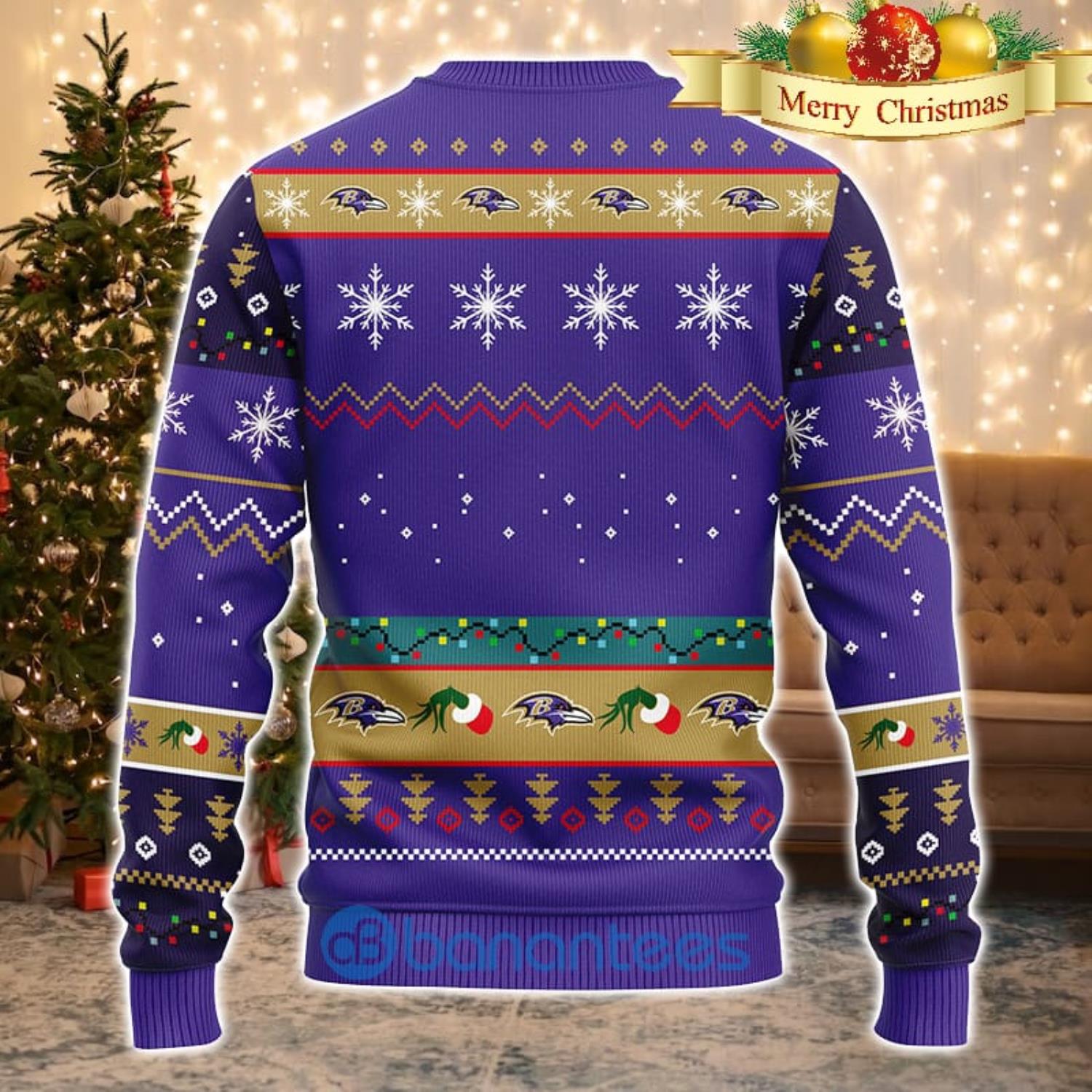 Men And Women Christmas Gift NFL Baltimore Ravens Cute 12 Grinch Face Xmas Day 3D Ugly Christmas Sweater Product Photo 2