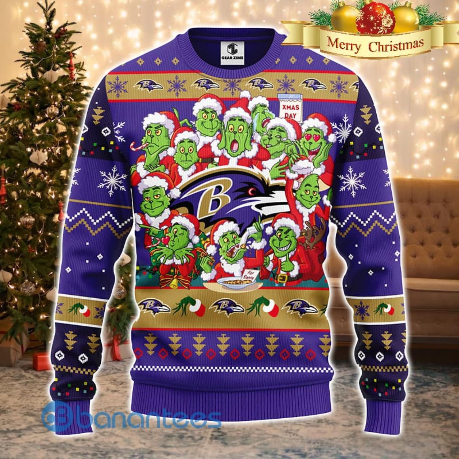 Men And Women Christmas Gift NFL Baltimore Ravens Cute 12 Grinch Face Xmas Day 3D Ugly Christmas Sweater Product Photo 1