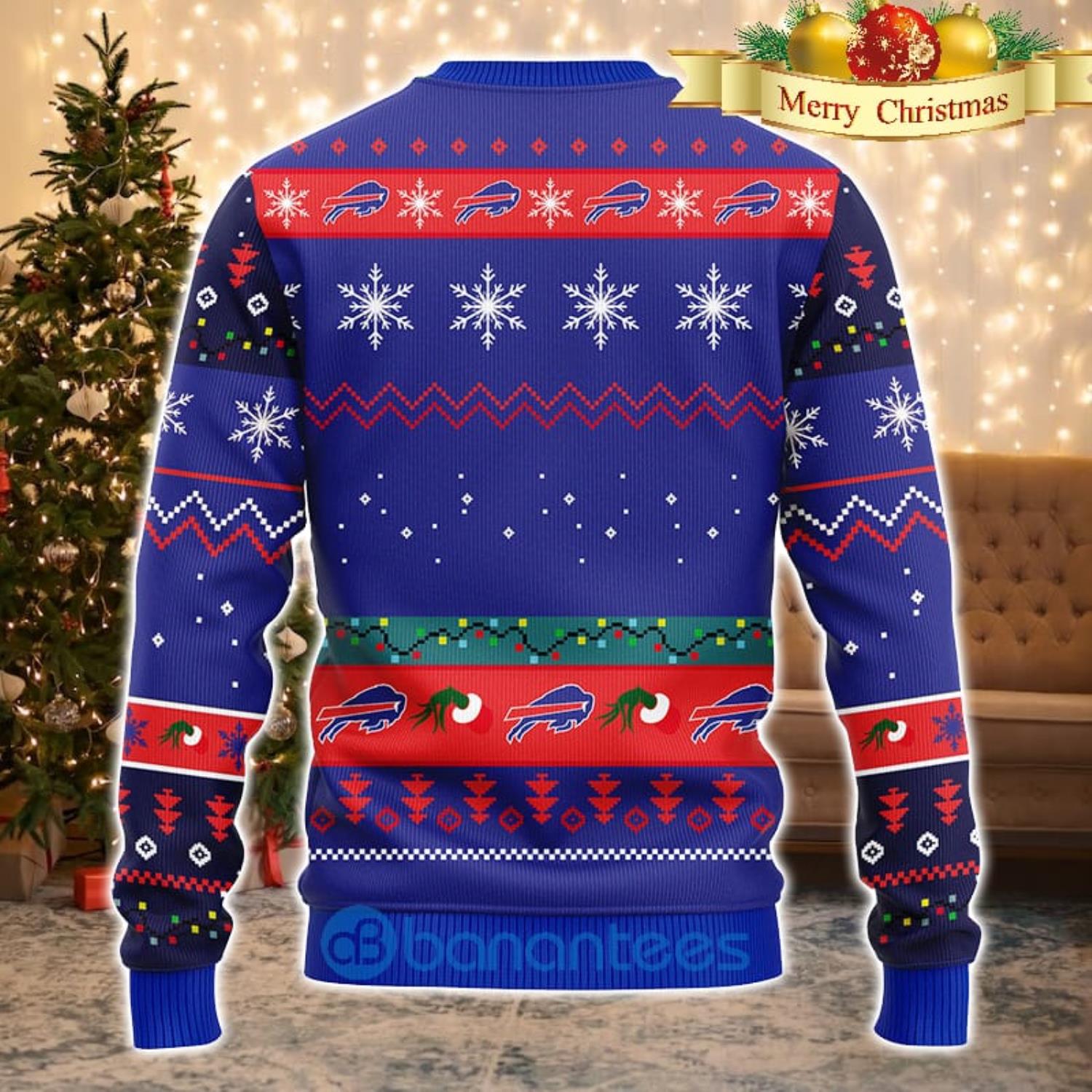 Men And Women Christmas Gift NFL Buffalo Bills Cute 12 Grinch Face Xmas Day 3D Ugly Christmas Sweater Product Photo 2